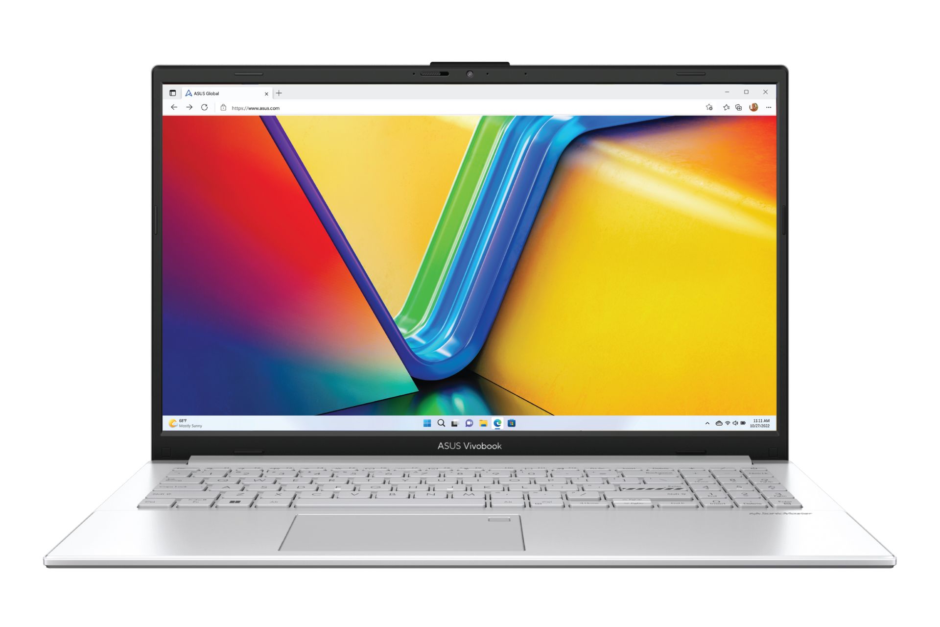 نمای جلوی لپ تاپ Vivobook Go 15 OLED E1504G ایسوس با صفحه نمایش روشن و نمایش کیبورد رنگ خاکستری