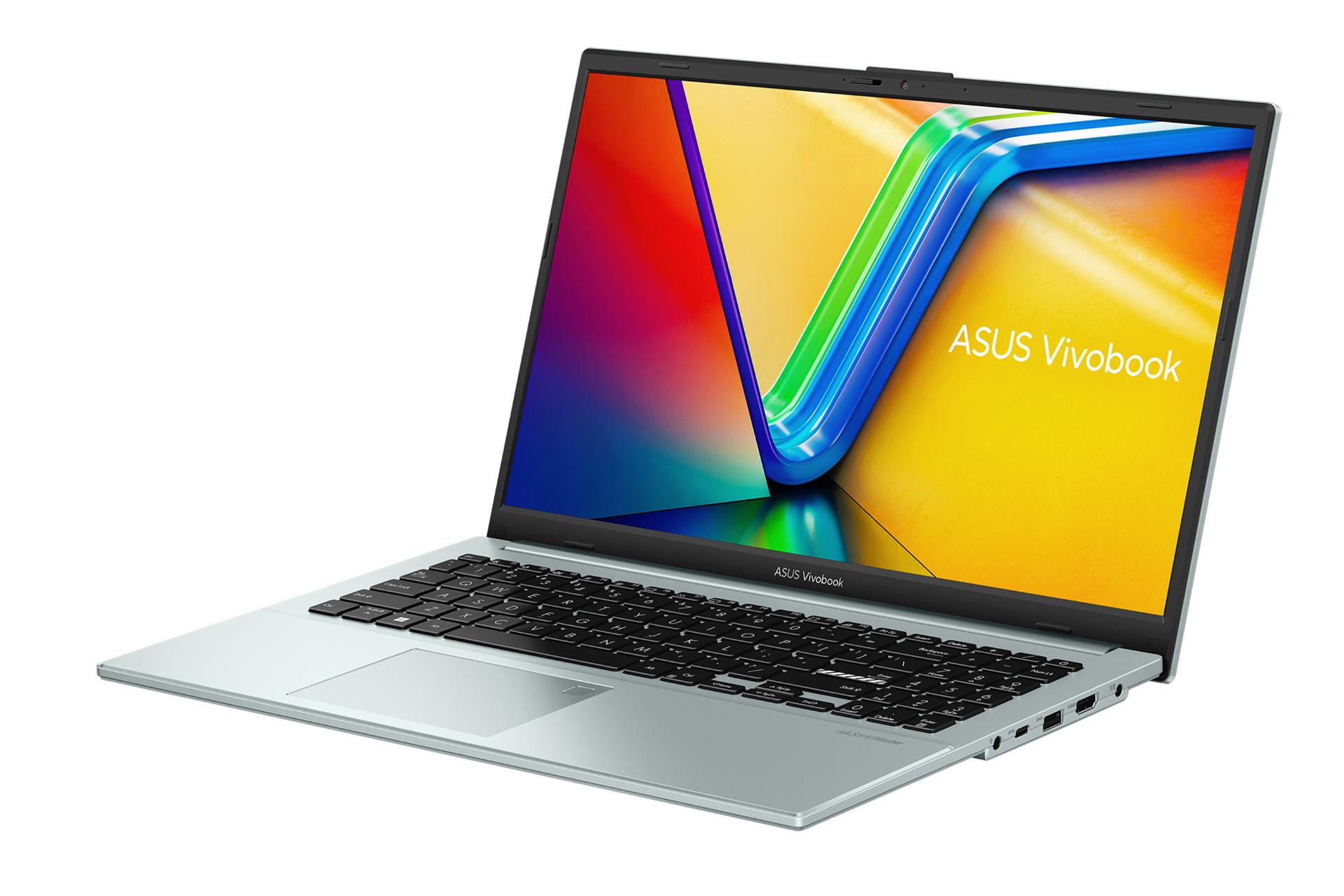 نیمرخ لپ تاپ Vivobook Go 15 OLED E1504G ایسوس با نمایش کیبورد و پورت‌های لبه سمت راست رنگ نقره‌ای