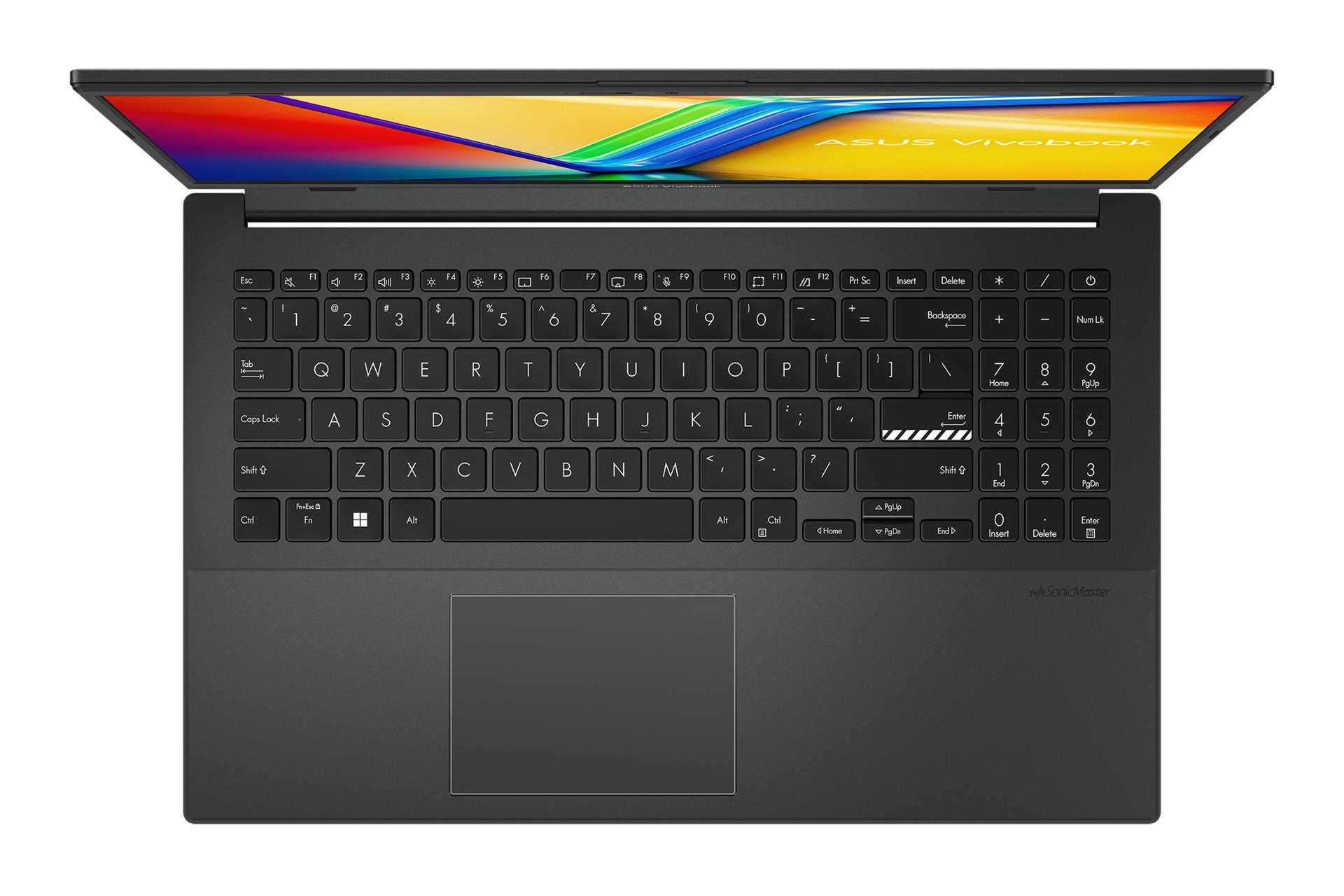 نمای بالای لپ تاپ Vivobook Go 15 OLED E1504G ایسوس با نمایش کیبورد و ترک‌پد رنگ مشکی