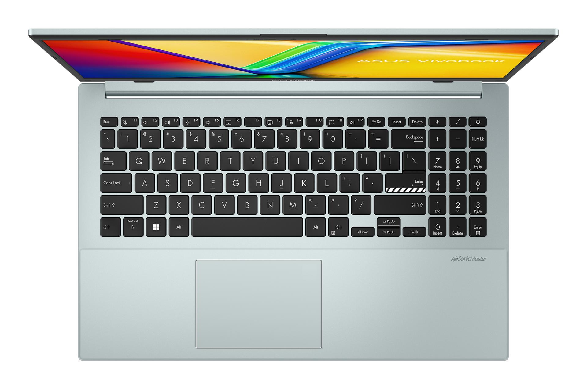 نمای بالای لپ تاپ Vivobook Go 15 OLED E1504G ایسوس با نمایش کیبورد و ترک‌پد رنگ نقره‌ای