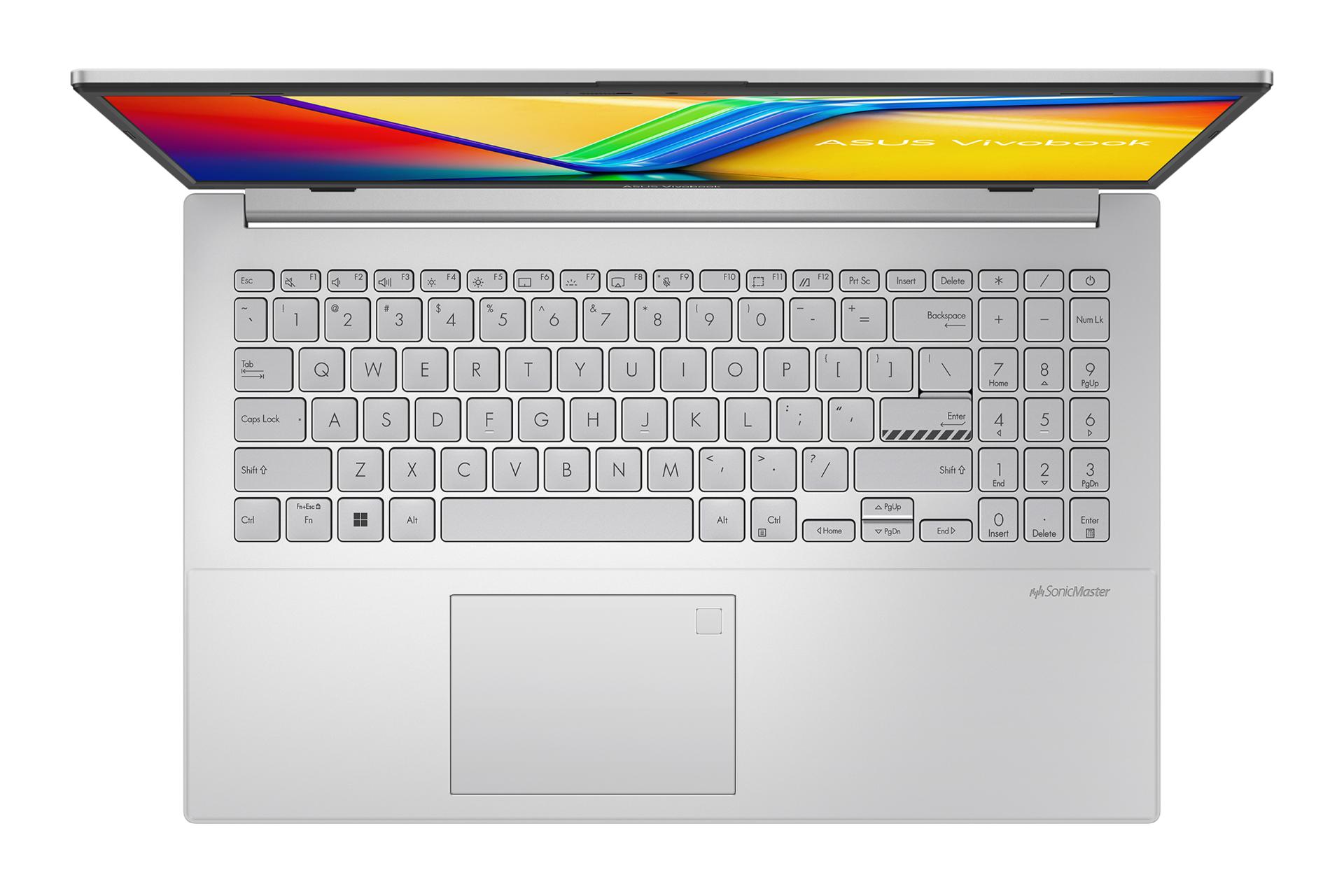 نمای بالای لپ تاپ Vivobook Go 15 OLED E1504G ایسوس با نمایش کیبورد و ترک‌پد رنگ خاکستری