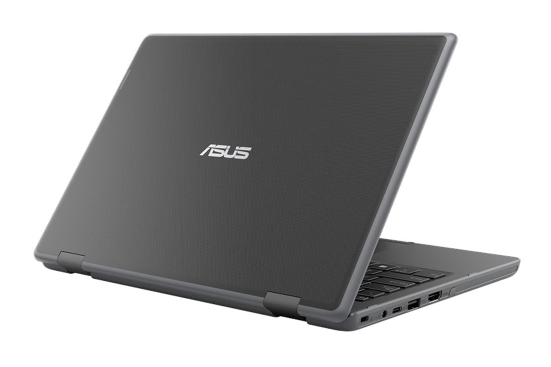 نمای پشت نمایشگر لپ تاپ BR1100CKA ایسوس با نمایش پورت‌های لبه‌ی سمت چپ و لوگو