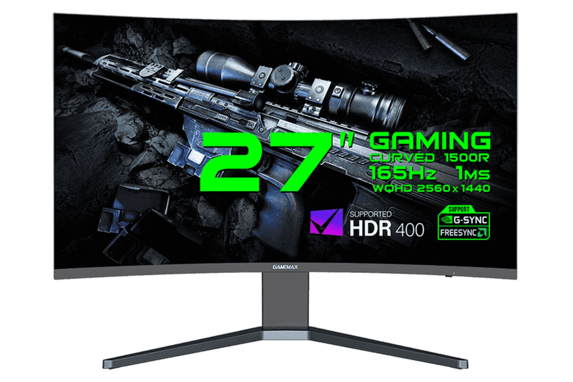 نمای جلو و لوگوی مانیتور گیم مکس 27 اینچ مدل GMX27C165Q