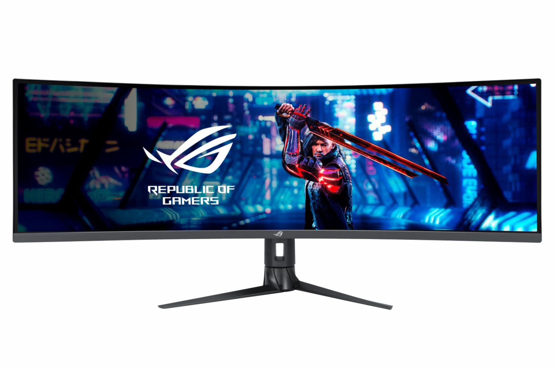 نمای جلو و لوگوی مانیتور ایسوس 49 اینچ مدل ROG Strix XG49WCR