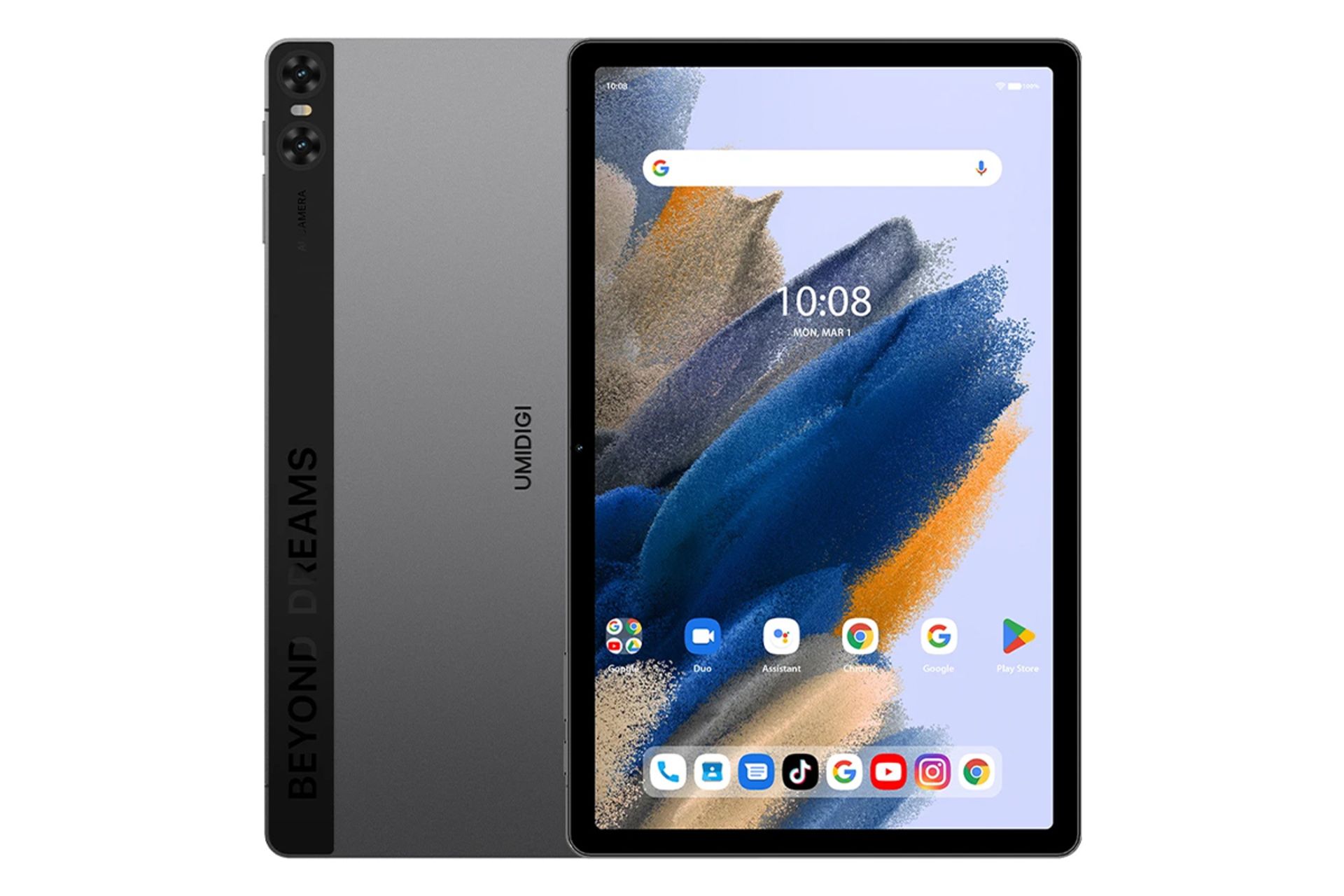 نمای کلی تبلت اومی دیجی A15 تب با صفحه نمایش روشن و نمایش پنل پشت، دوربین دوگانه و لوگو رنگ خاکستری