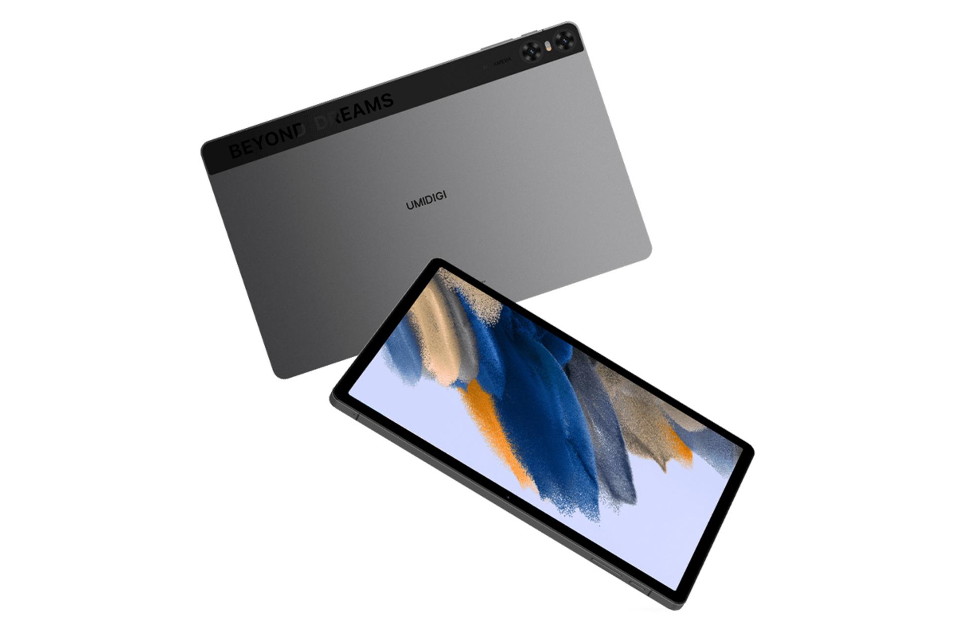 نمای نیمرخ تبلت اومی دیجی A15 تب با صفحه نمایش روشن و نمایش پنل پشت، دوربین دوگانه و لبه‌های تبلت رنگ خاکستری