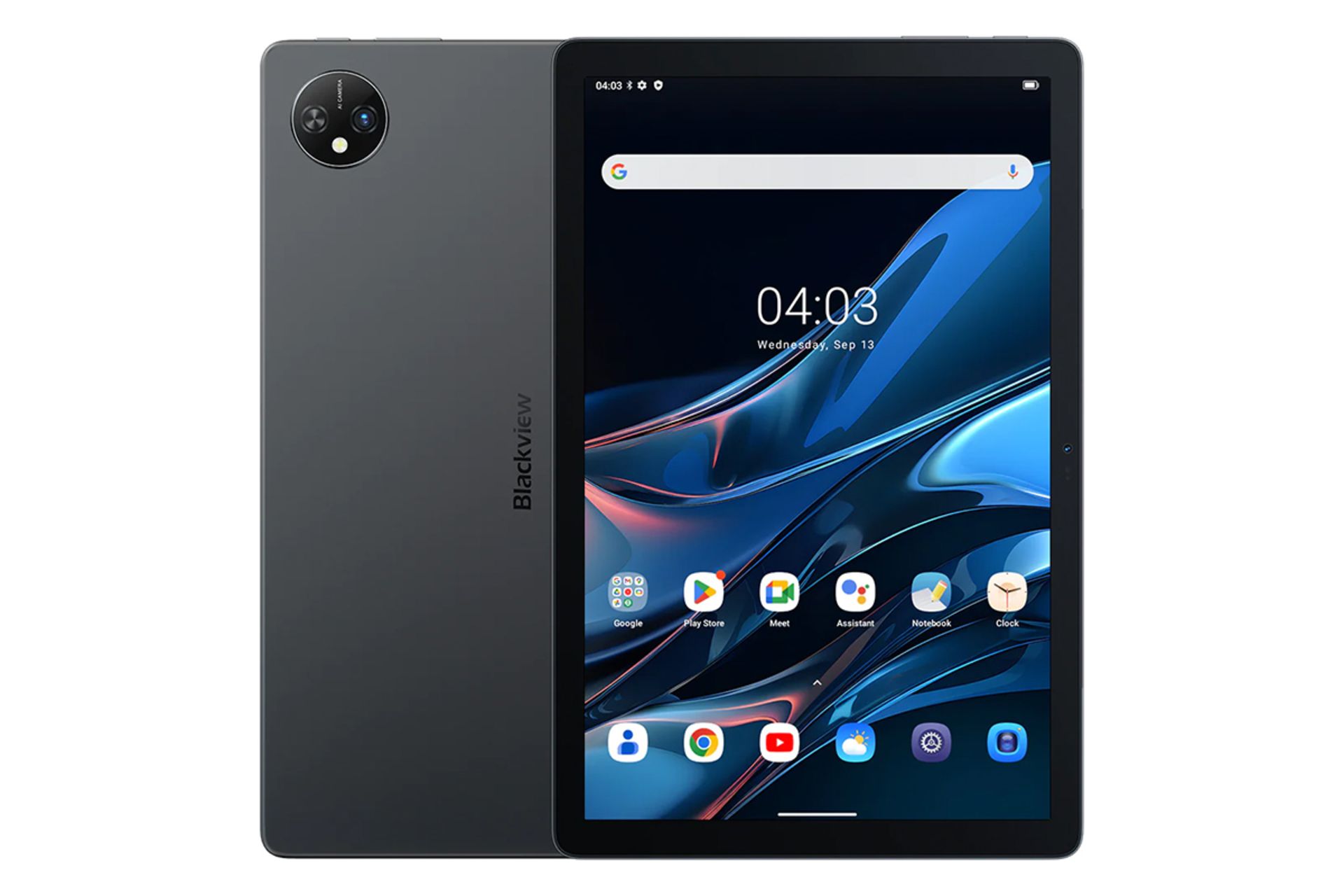 نمای کلی تبلت تب 10 وای فای بلک ویو با صفحه نمایش روشن و نمایش پنل پشت و دوربین اصلی رنگ خاکستری
