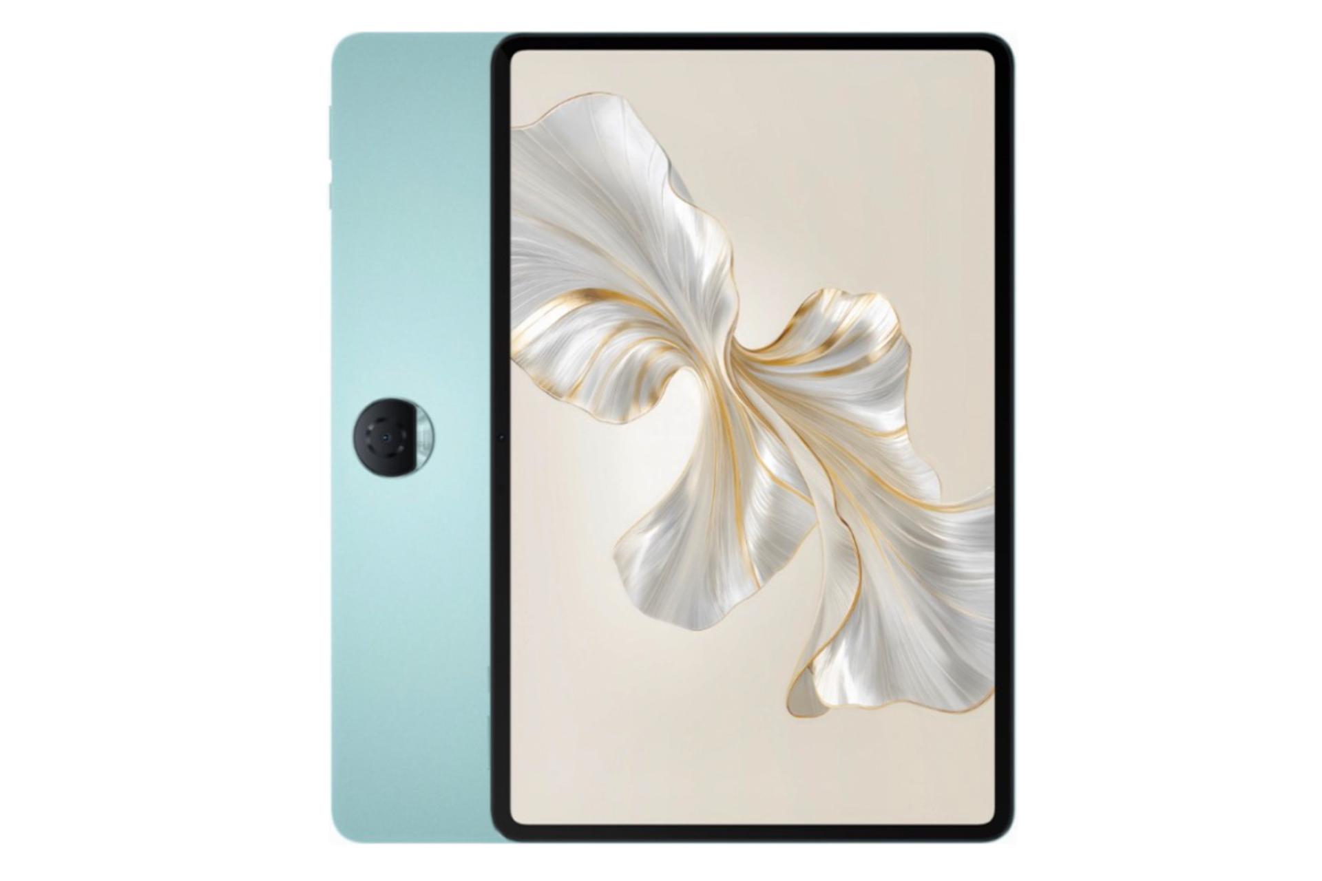 نمای کلی تبلت آنر پد 9 / HONOR Pad 9 با صفحه نمایش روشن و نمایش پنل پشت و دوربین اصلی رنگ آبی