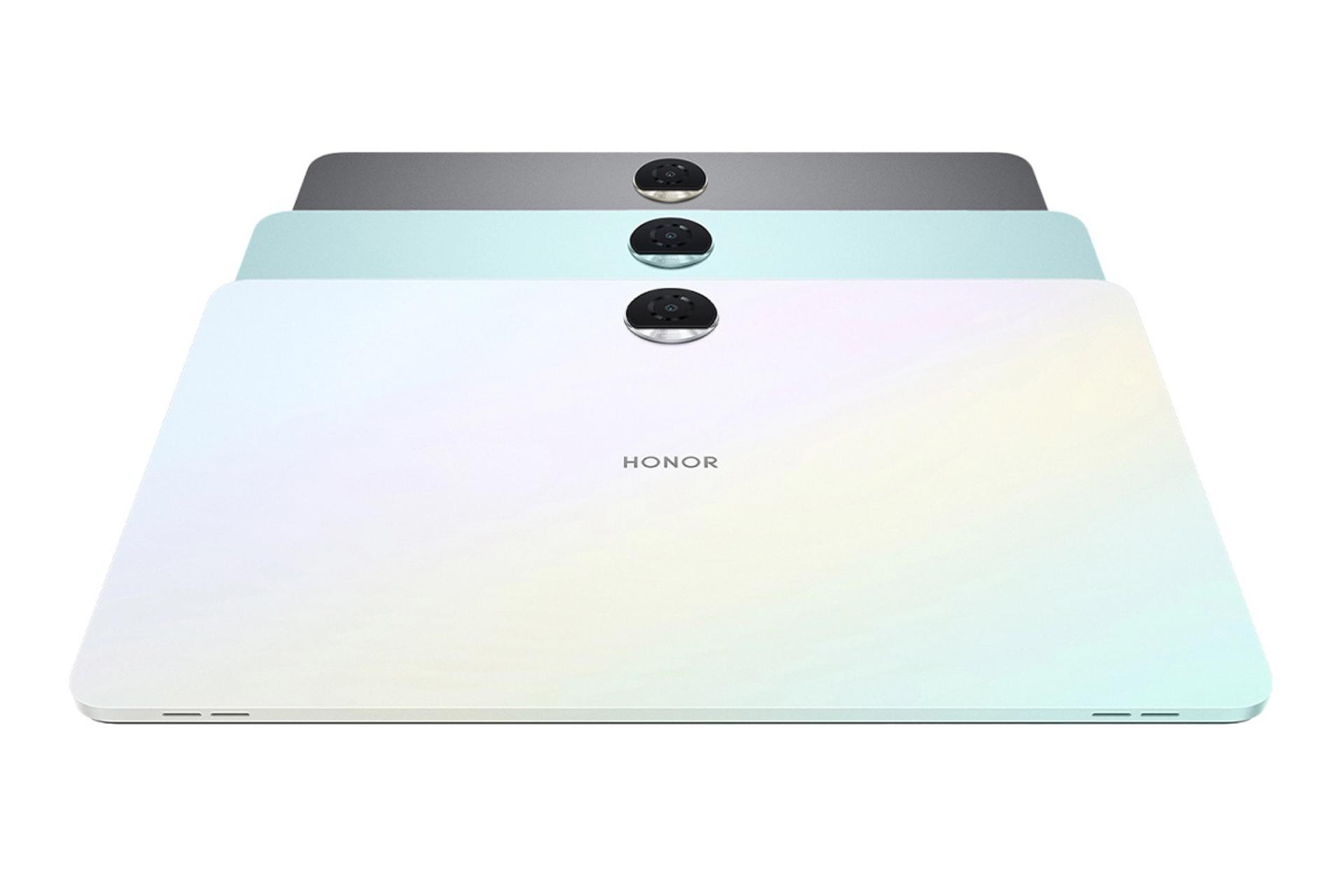 پنل پشت تبلت آنر پد 9 / HONOR Pad 9 با تمرکز روی رنگ‌بندی تبلت با رنگ‌های سفید، آبی و خاکستری