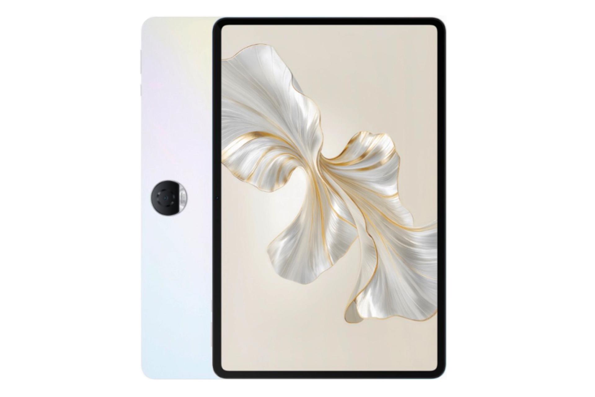 نمای کلی تبلت آنر پد 9 / HONOR Pad 9 با صفحه نمایش روشن و نمایش پنل پشت و دوربین اصلی رنگ سفید