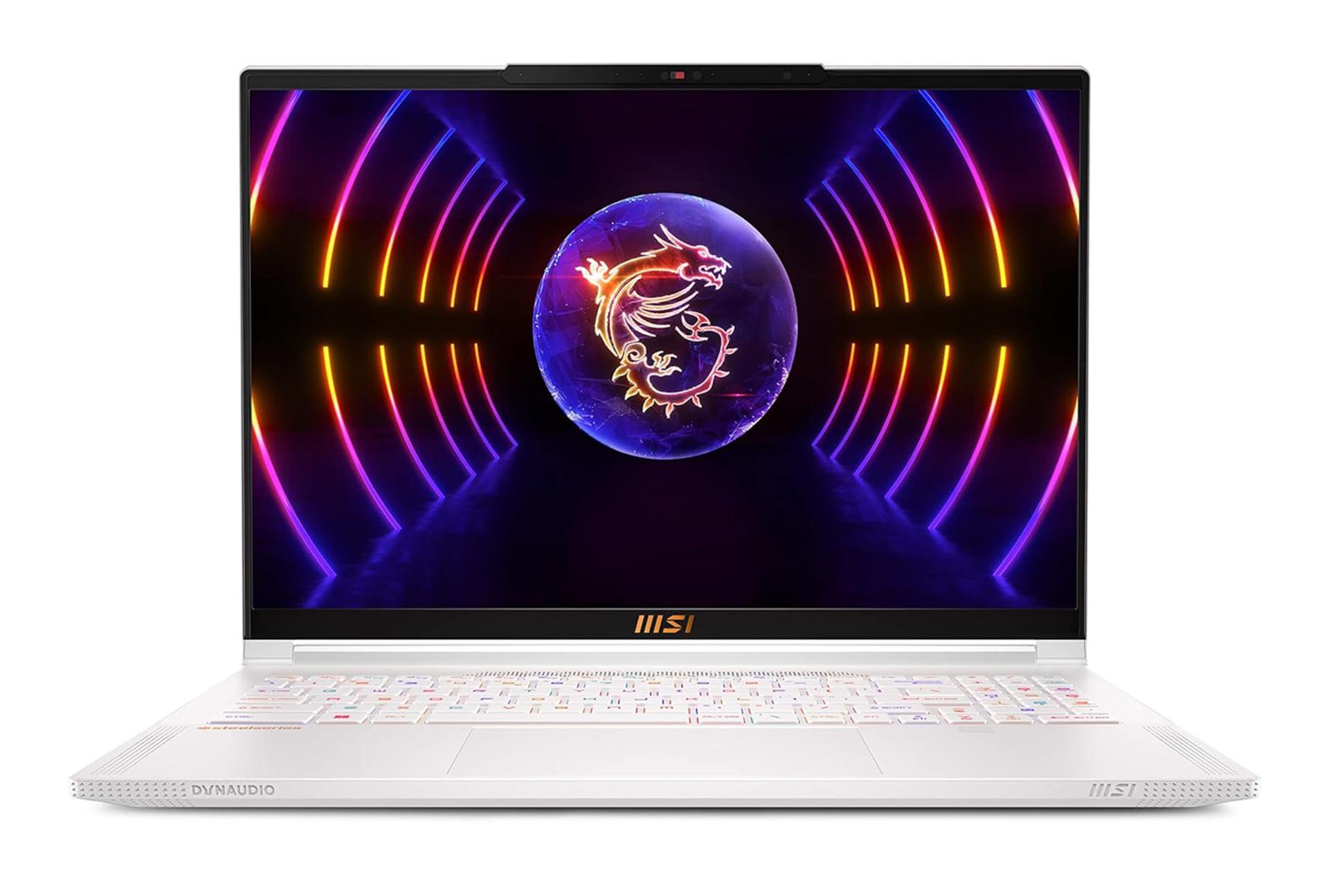 نمای روبه‌روی لپ تاپ MSI Stealth 16 Studio A13V با صفحه نمایش روشن و نمایش کیبورد و وبکم رنگ سفید