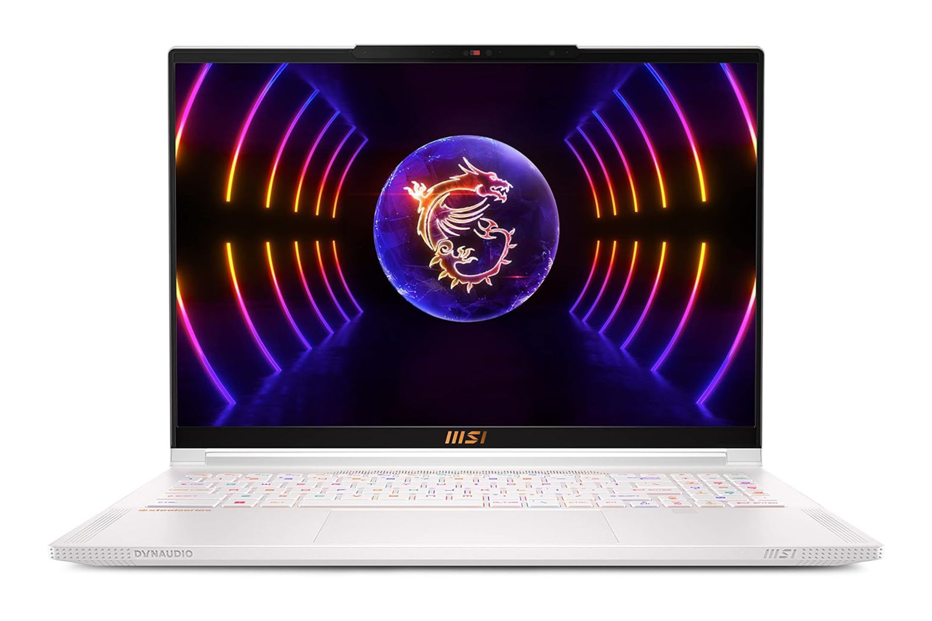 نمای روبه‌روی لپ تاپ MSI Stealth 16 Studio A13V با صفحه نمایش روشن و نمایش کیبورد و وبکم رنگ سفید