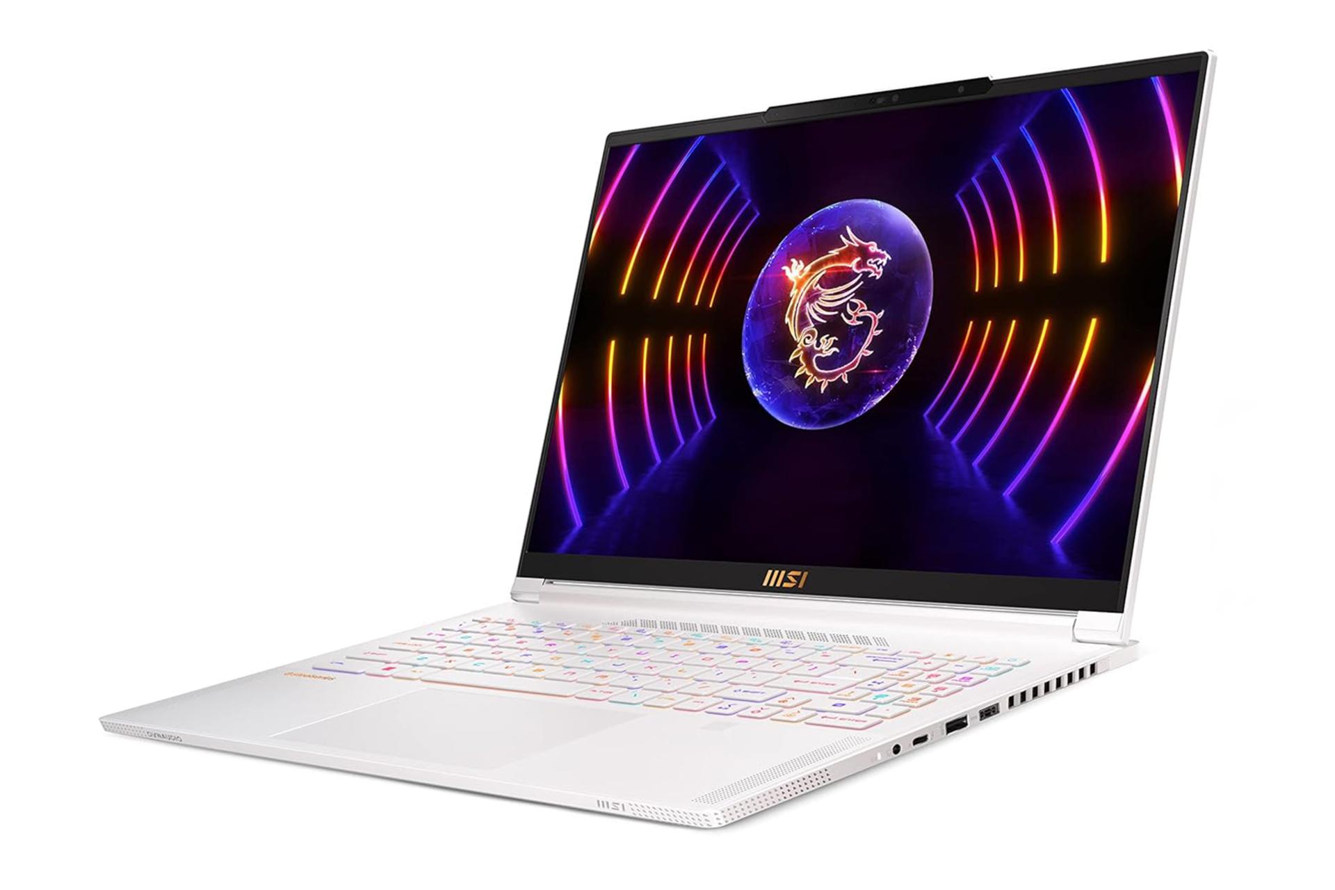 نمای نیمرخ سمت راست لپ تاپ MSI Stealth 16 Studio A13V و نمایش درگاه‌ها و خروجی هوای گرم لبه سمت راست رنگ سفید