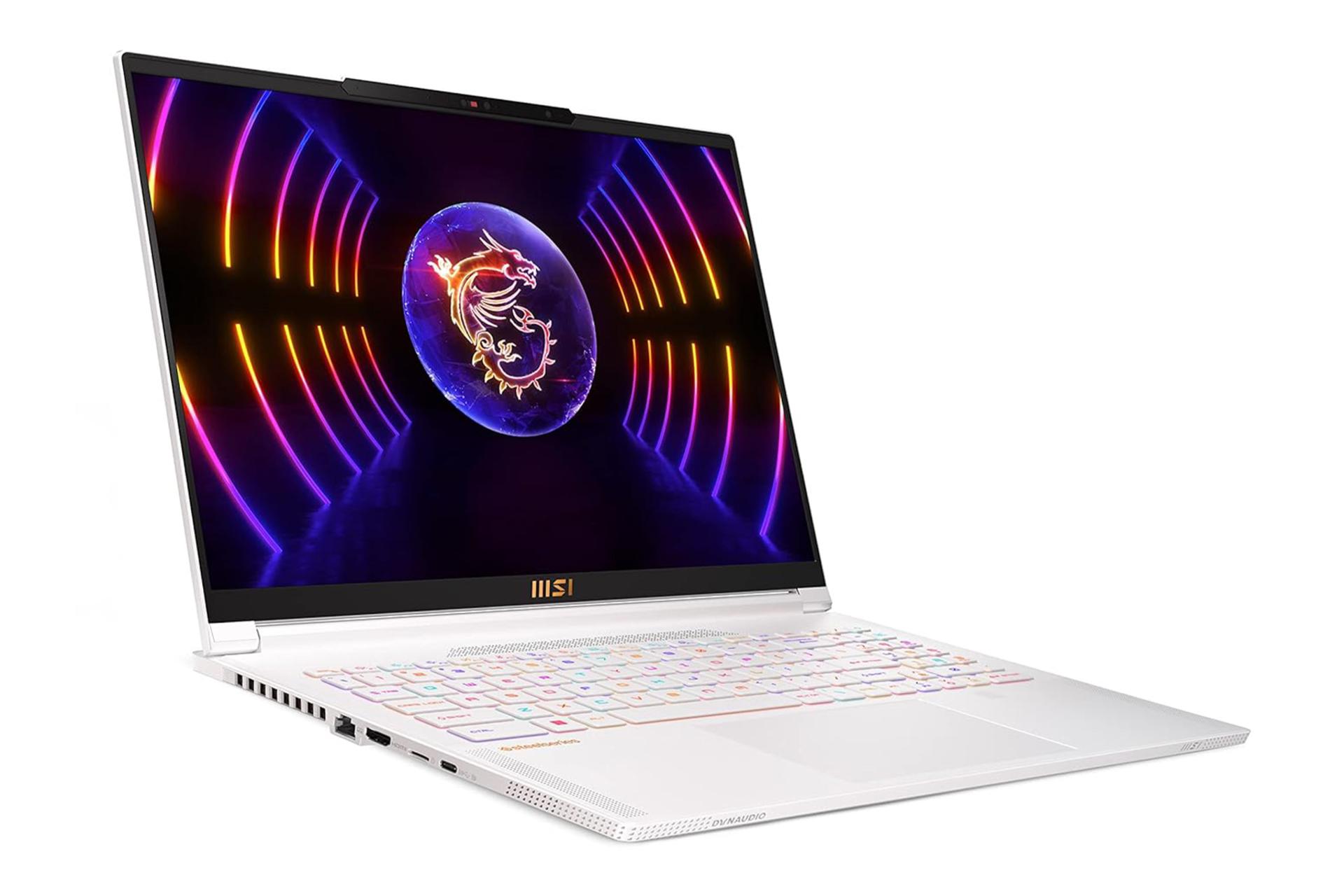 نمای نیمرخ سمت چپ لپ تاپ MSI Stealth 16 Studio A13V و نمایش درگاه‌ها و خروجی هوای گرم لبه سمت چپ رنگ سفید