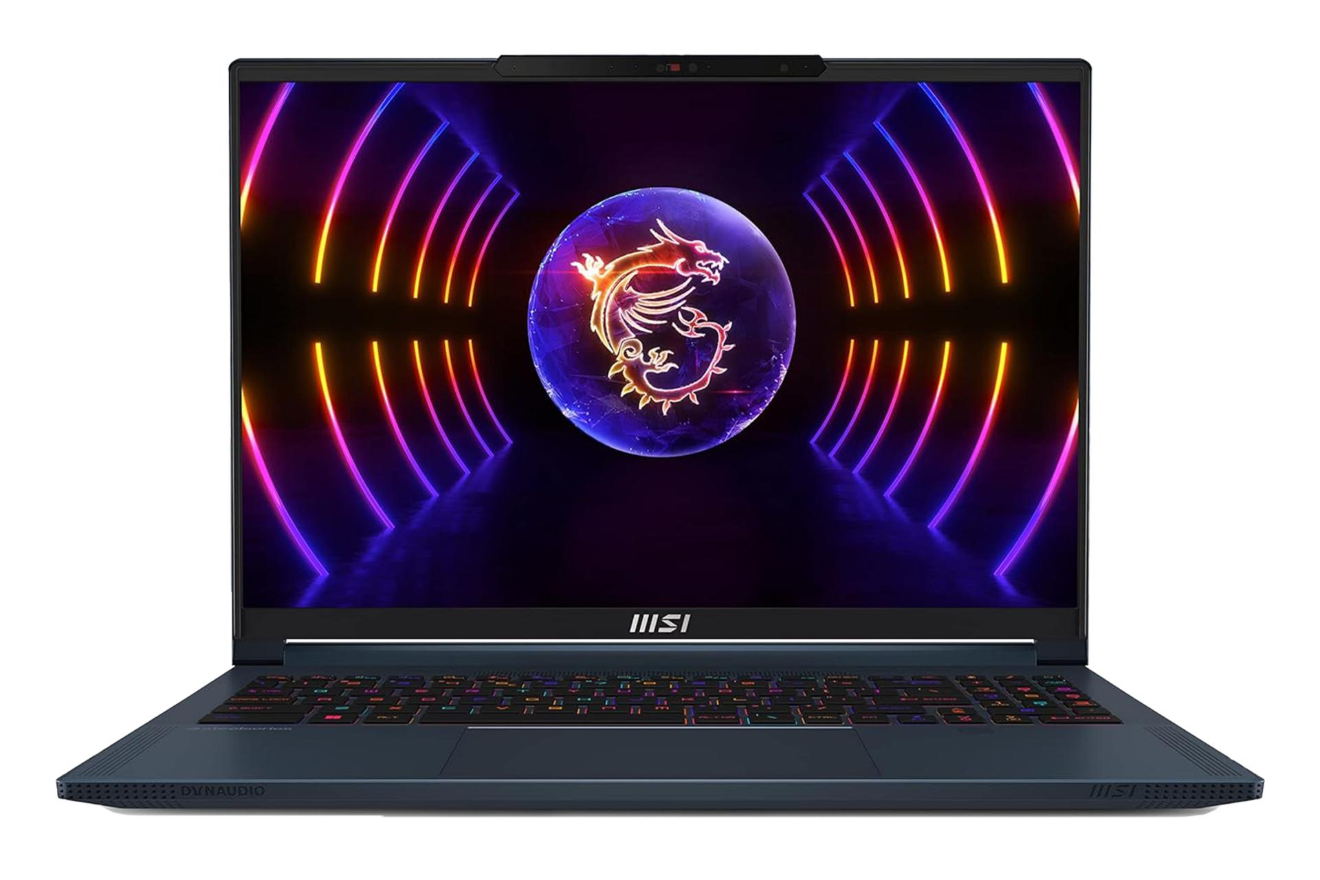 نمای روبه‌روی لپ تاپ MSI Stealth 16 Studio A13V با صفحه نمایش روشن و نمایش کیبورد و وبکم رنگ آبی