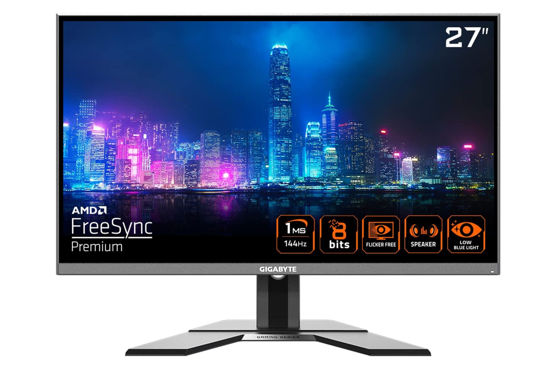 نمای جلو و لوگوی مانیتور گیگابایت 27 اینچ مدل G27F