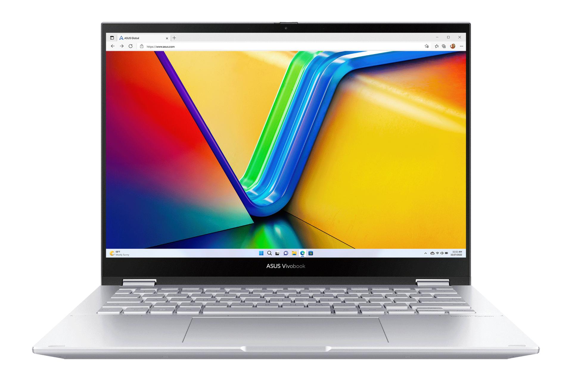 نمای روبه‌روی لپ تاپ Vivobook S 14 Flip OLED TP3402 ایسوس با صفحه نمایش روشن و نمای کیبورد و ترک‌پد رنگ نقره‌ای