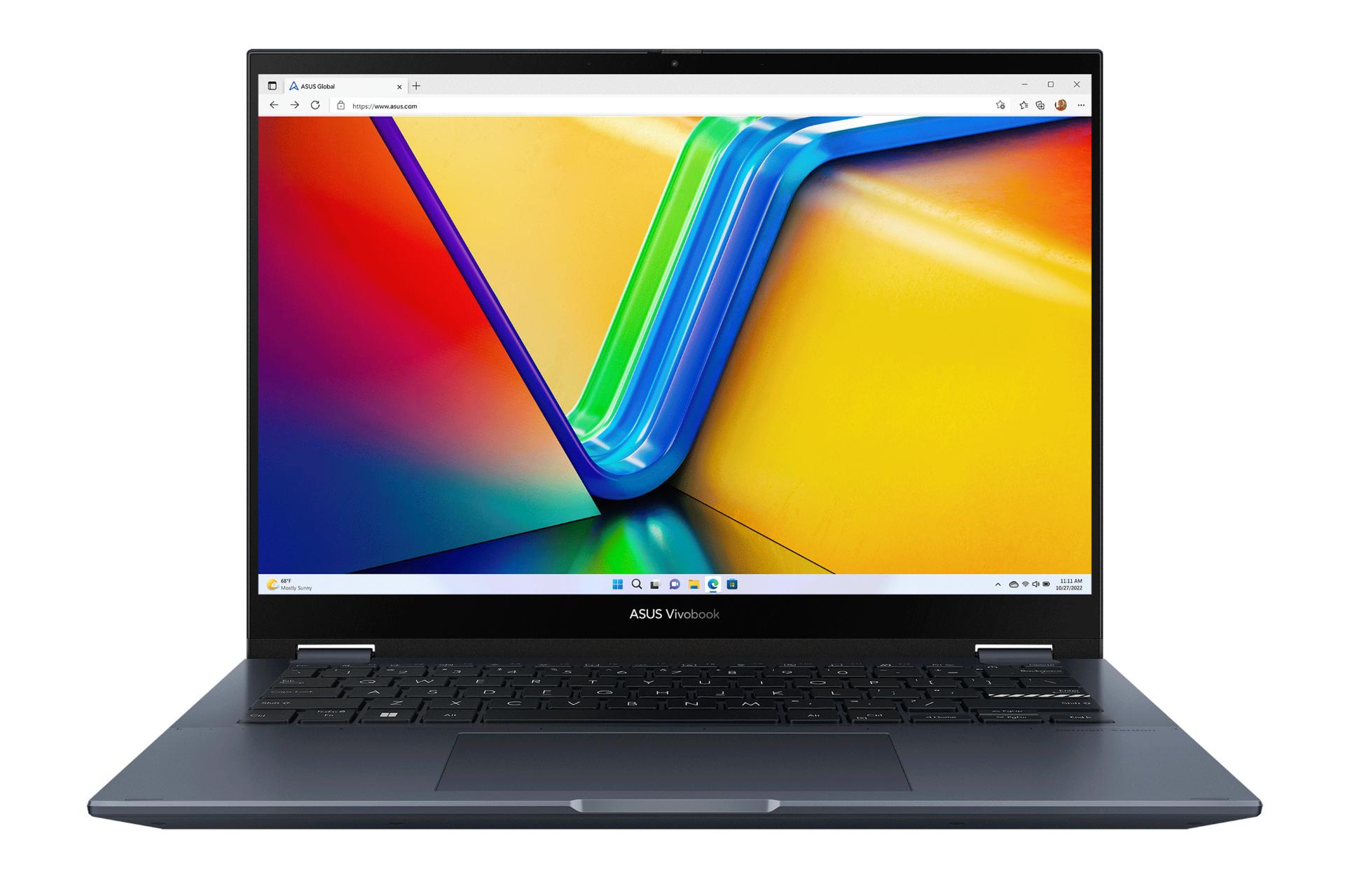 نمای روبه‌روی لپ تاپ Vivobook S 14 Flip OLED TP3402 ایسوس با صفحه نمایش روشن و نمای کیبورد و ترک‌پد رنگ آبی تیره