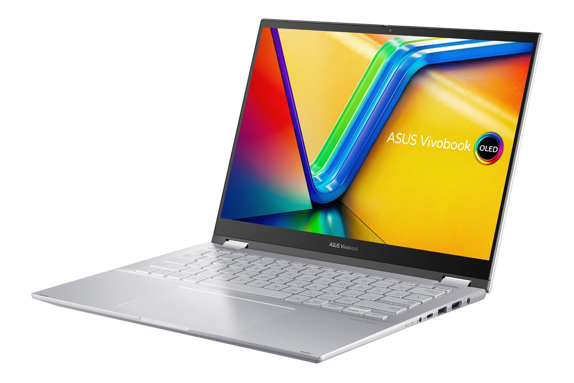 نمای نیمرخ سمت راست لپ تاپ Vivobook S 14 Flip OLED TP3402 ایسوس با صفحه نمایش روشن و نمایش درگاه‌های لبه سمت راست رنگ نقره‌ای