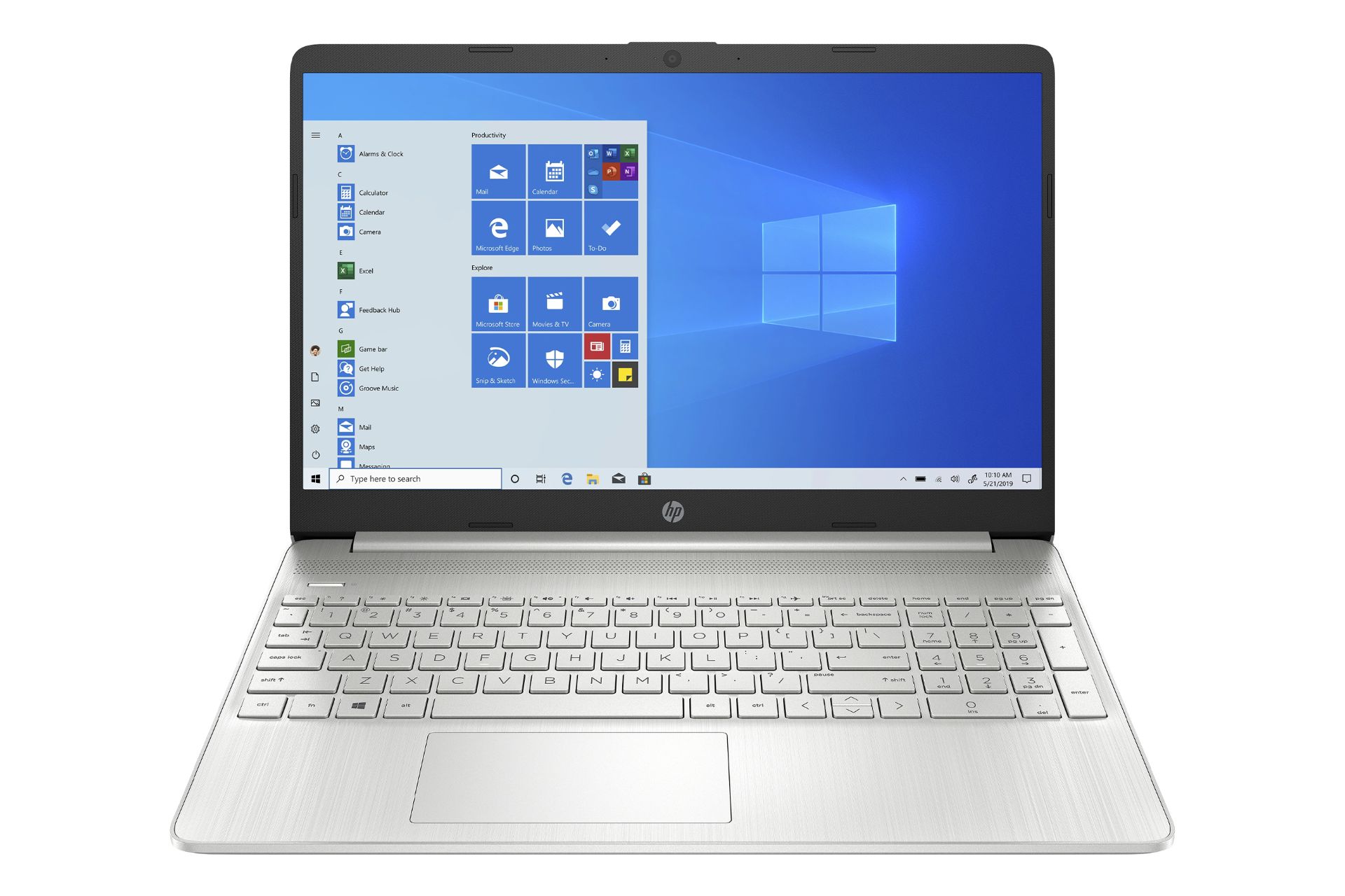 نمای روبه‌روی لپ تاپ 15s-eq2721nd اچ پی با صفحه نمایش روشن و نمایش کیبورد و ترک‌پد