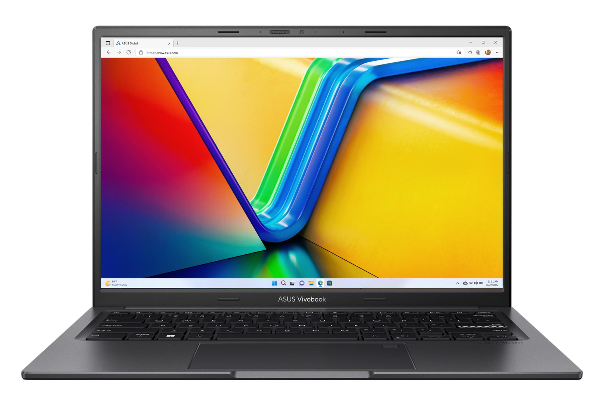 نمای روبه‌روی لپ تاپ Vivobook 14X OLED K3405 ایسوس با صفحه نمایش روشن رنگ مشکی