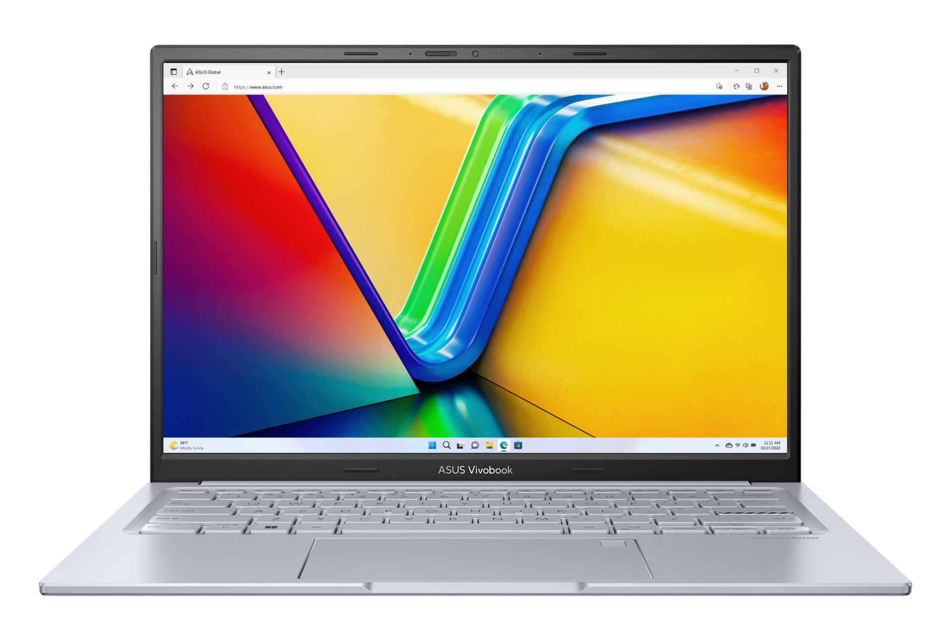 نمای روبه‌روی لپ تاپ Vivobook 14X OLED K3405 ایسوس با صفحه نمایش روشن رنگ نقره‌ای