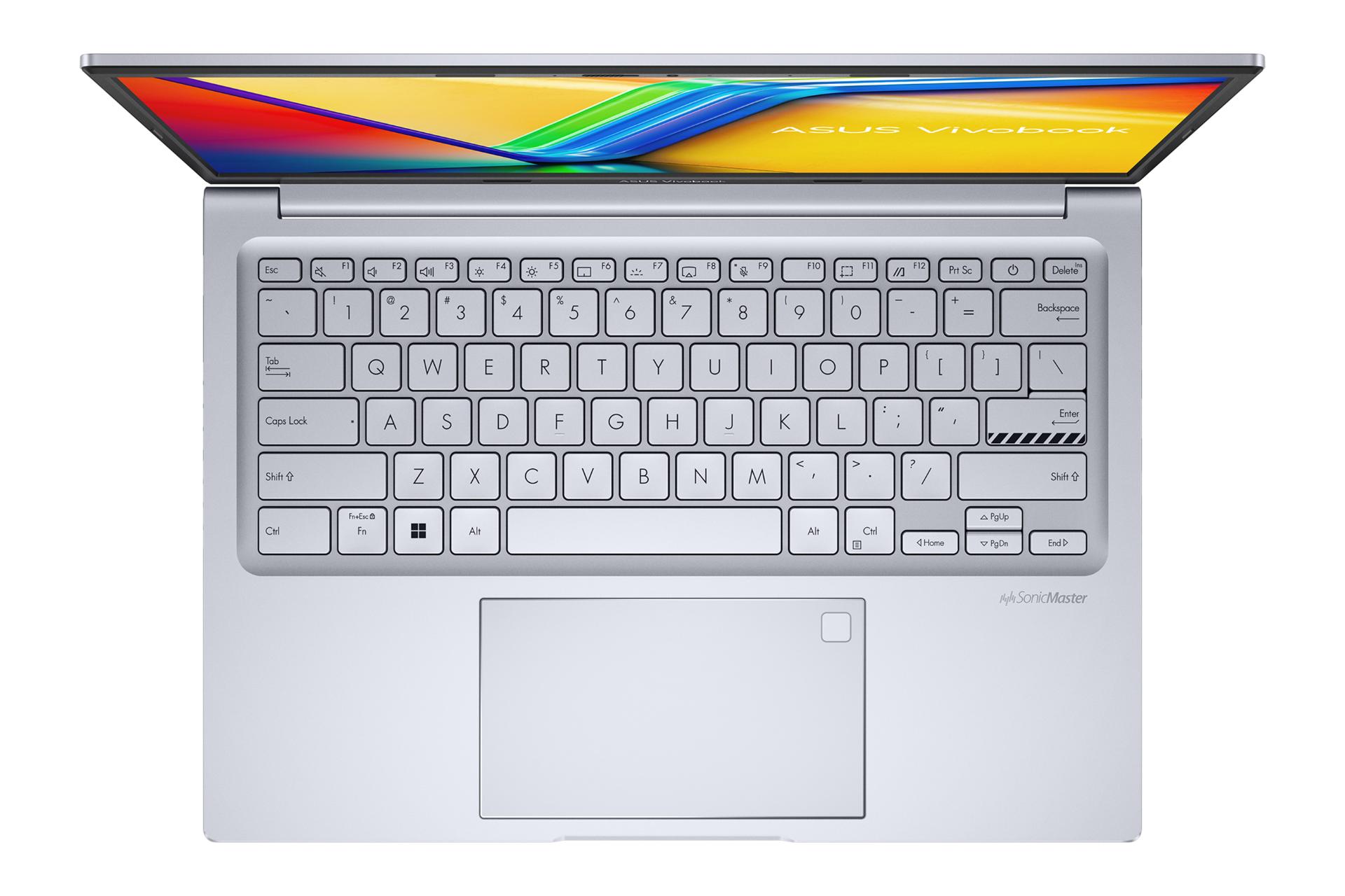 نمای بالای لپ تاپ Vivobook 14X OLED K3405 ایسوس با تمرکز روی کیبورد و ترک‌پد مدل همراه سنسور اثر انگشت رنگ نقره‌ای