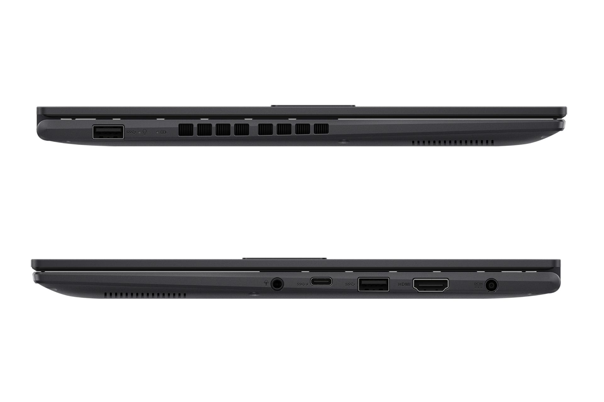 نمای لبه‌های کناری لپ تاپ Vivobook 14X OLED K3405 ایسوس با تمرکز روی درگاه‌های لبه سمت چپ و راست رنگ مشکی