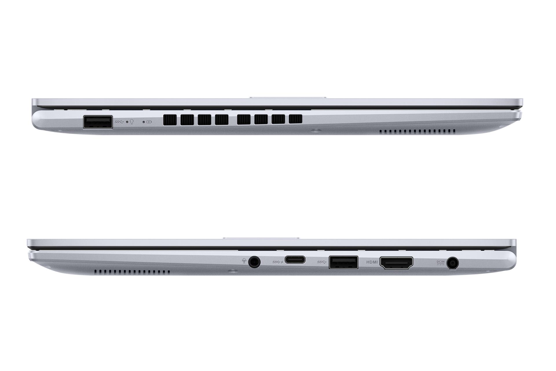 نمای لبه‌های کناری لپ تاپ Vivobook 14X OLED K3405 ایسوس با تمرکز روی درگاه‌های لبه سمت چپ و راست رنگ نقره‌ای