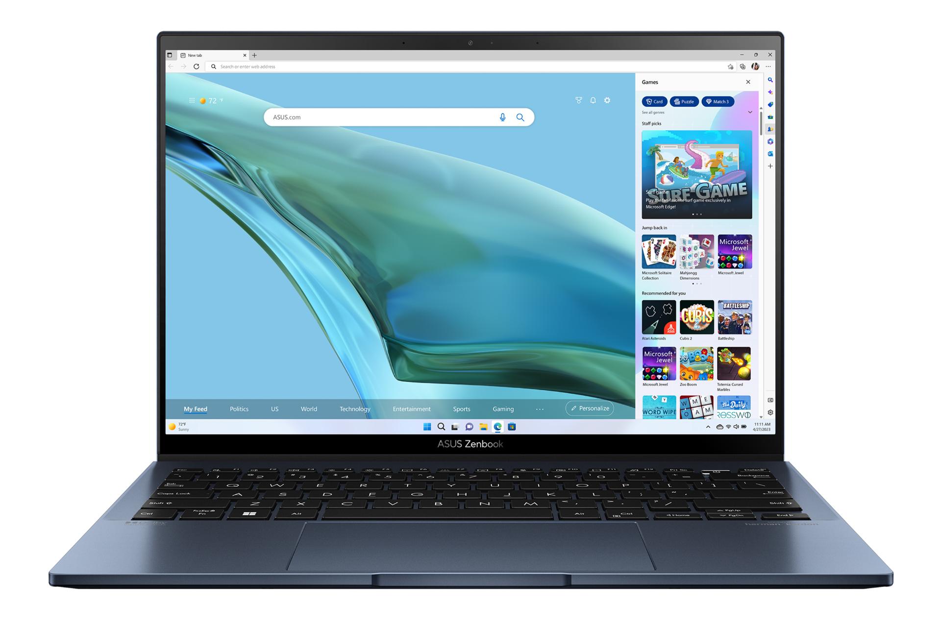 نمای روبه‌روی لپ تاپ Zenbook S 13 OLED UM5302 ایسوس با صفحه نمایش روشن رنگ آبی