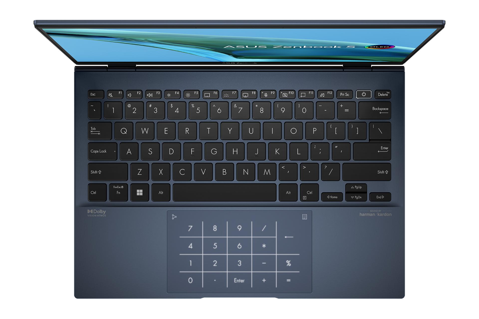 نمای بالای لپ تاپ Zenbook S 13 OLED UM5302 ایسوس با تمرکز روی کیبورد و ترک‌پد رنگ آبی