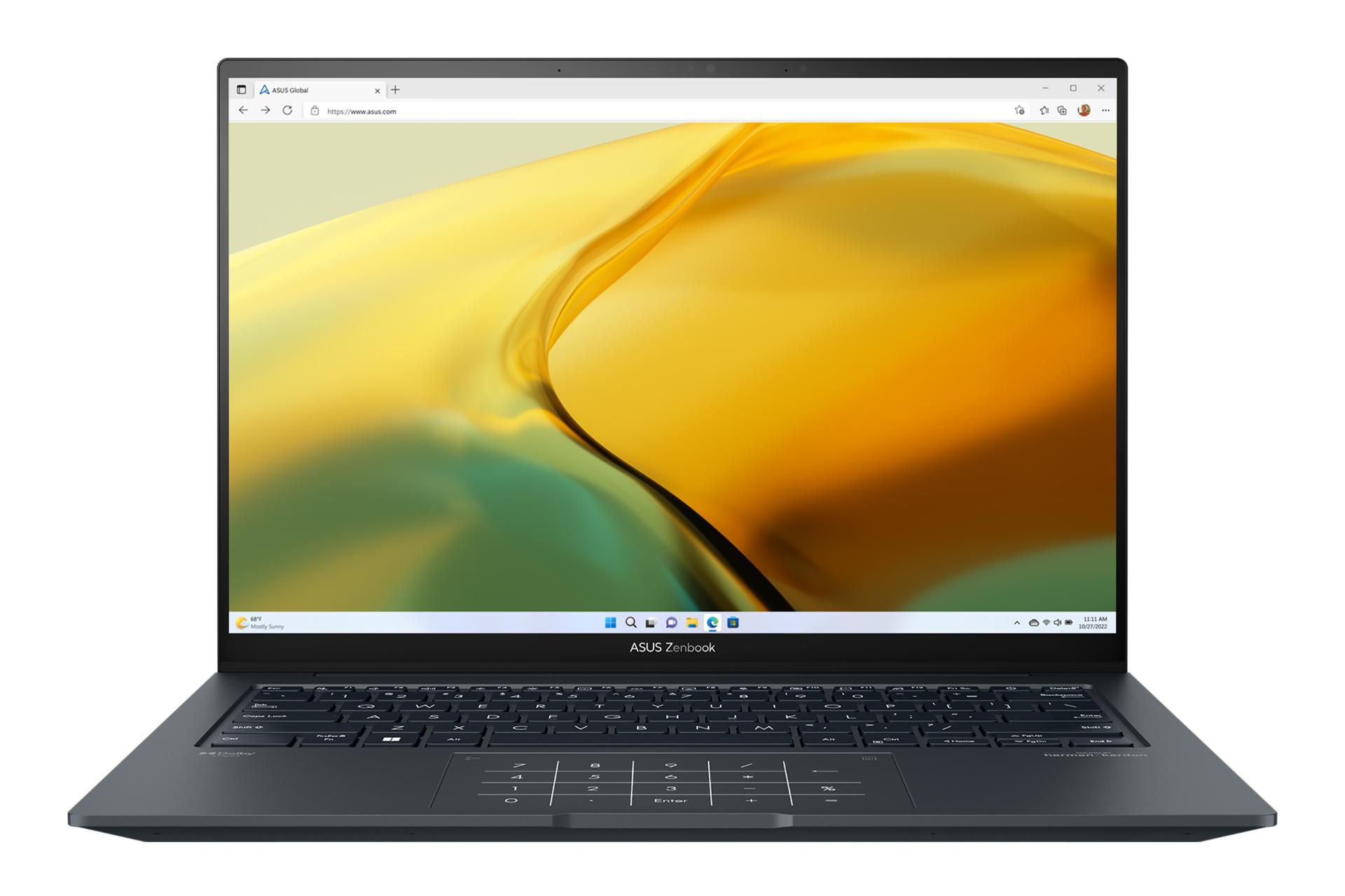 نمای روبه‌روی لپ تاپ Zenbook 14X OLED UX3404 ایسوس با صفحه نمایش روشن رنگ خاکستری تیره