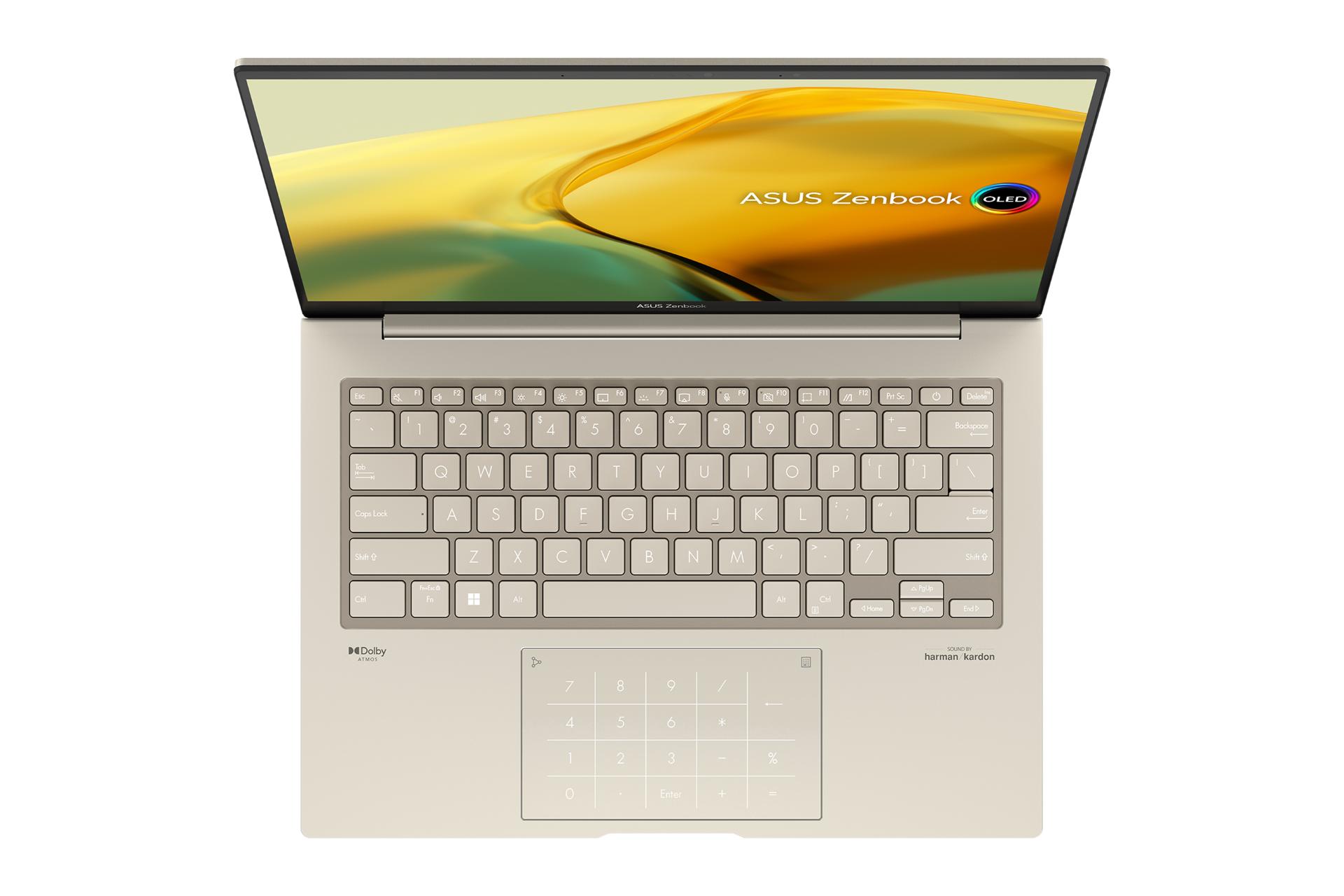 نمای بالای لپ تاپ Zenbook 14X OLED UX3404 ایسوس و نمایش کیبورد و ترک‌پد رنگ بژ