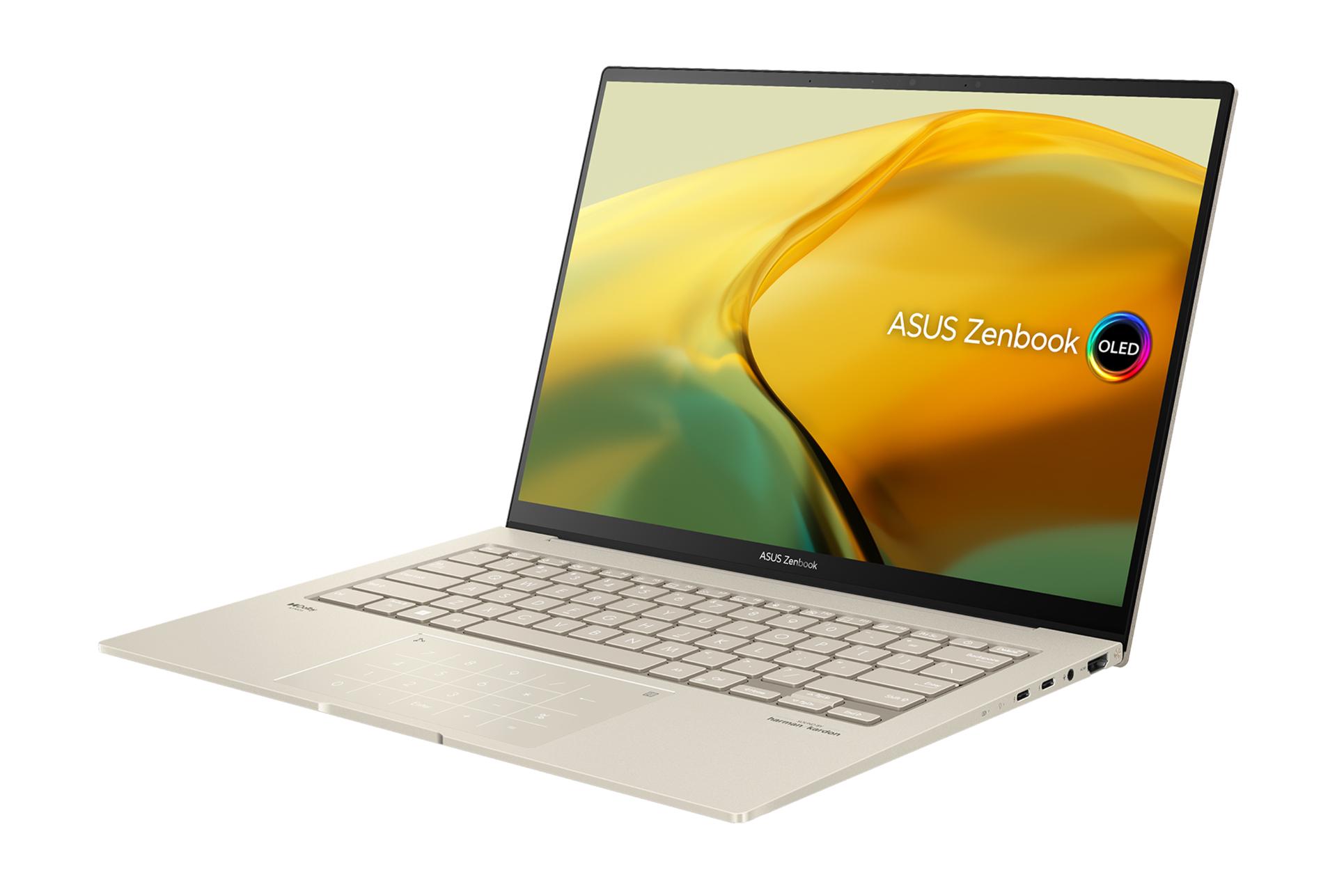 نمای نیمرخ لپ تاپ Zenbook 14X OLED UX3404 ایسوس با صفحه نمایش روشن و نمایش پورت‌های سمت راست رنگ بژ