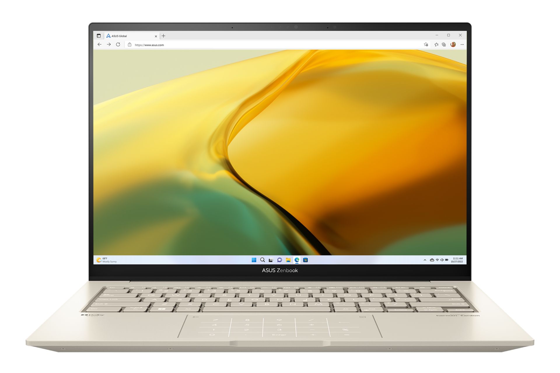 نمای روبه‌روی لپ تاپ Zenbook 14X OLED UX3404 ایسوس با صفحه نمایش روشن رنگ بژ