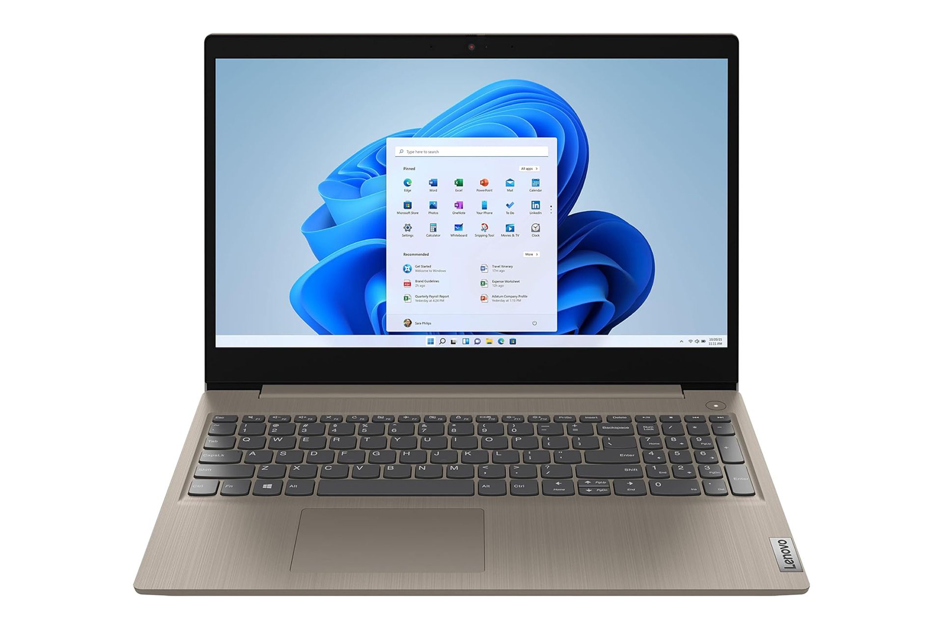 نمای روبه‌روی لپ تاپ IdeaPad 3 15ITL05 لنوو با صفحه نمایش روشن و نمایش کیبورد و ترک‌پد رنگ بادامی