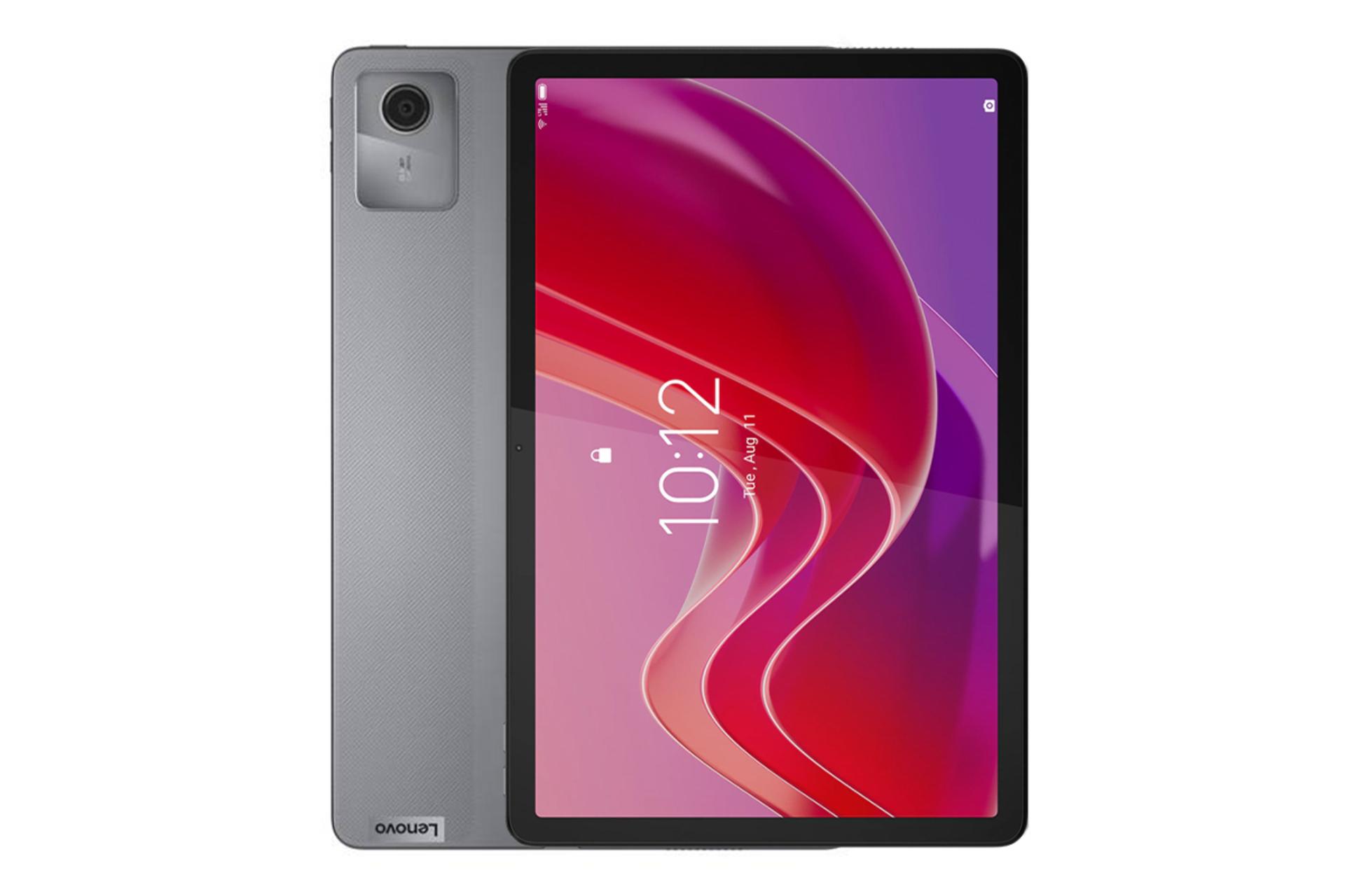 نمای کلی تبلت تب M11 لنوو / Lenovo Tab M11 با صفحه نمایش روشن و نمایش پنل پشت به همراه دوربین تکی و لوگو رنگ خاکستری