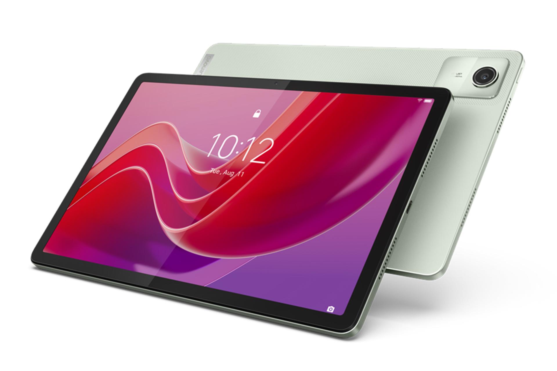 نمای کلی تبلت تب M11 لنوو / Lenovo Tab M11 با صفحه نمایش روشن و نمایش پنل پشت به همراه دوربین تکی، لوگو و لبه‌های بالا و پایین رنگ سبز