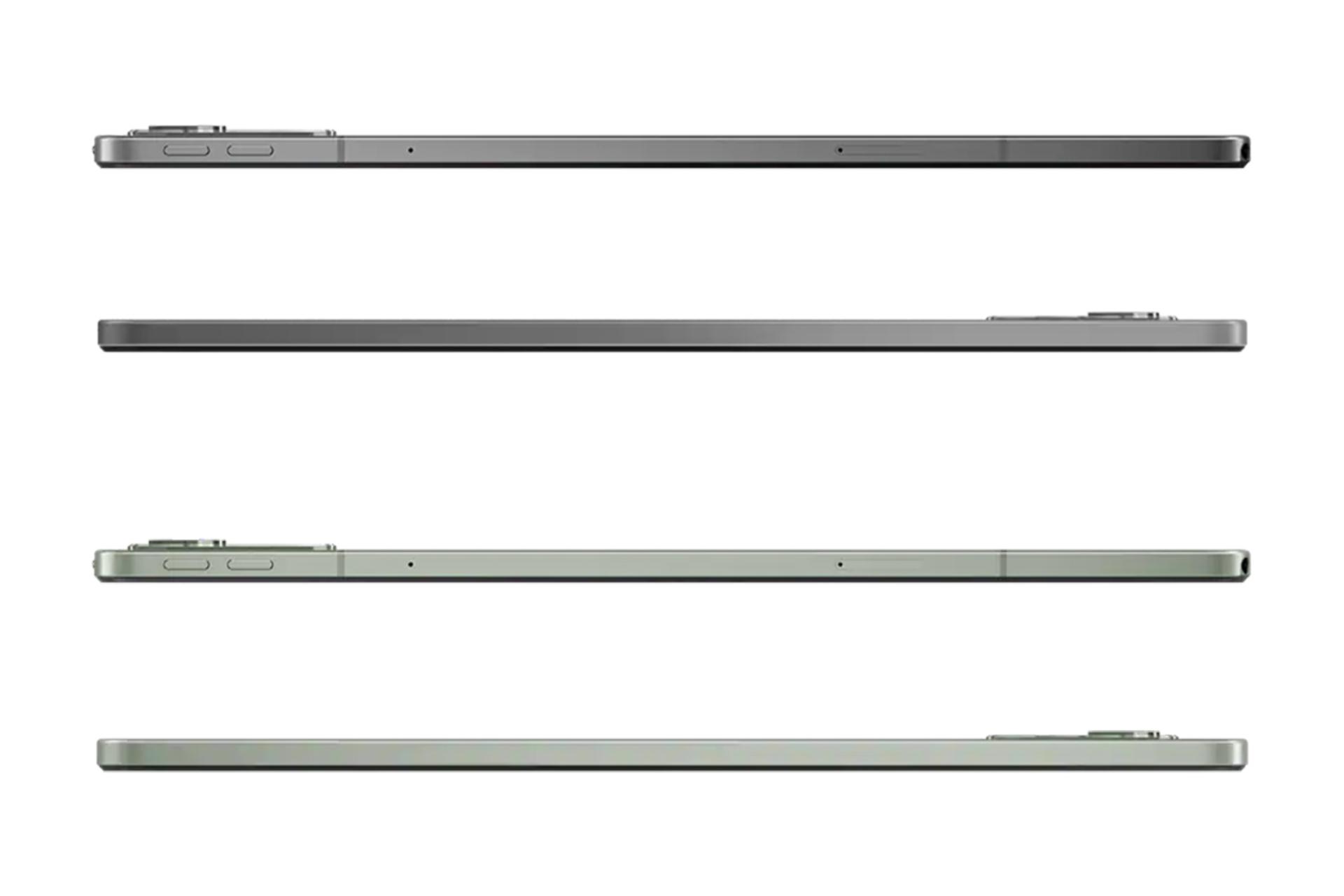 نمای لبه‌های کناری تبلت تب M11 لنوو / Lenovo Tab M11 با تمرکز روی لبه‌های چپ و راست و نمایش دکمه‌ها در دو رنگ خاکستری و سبز