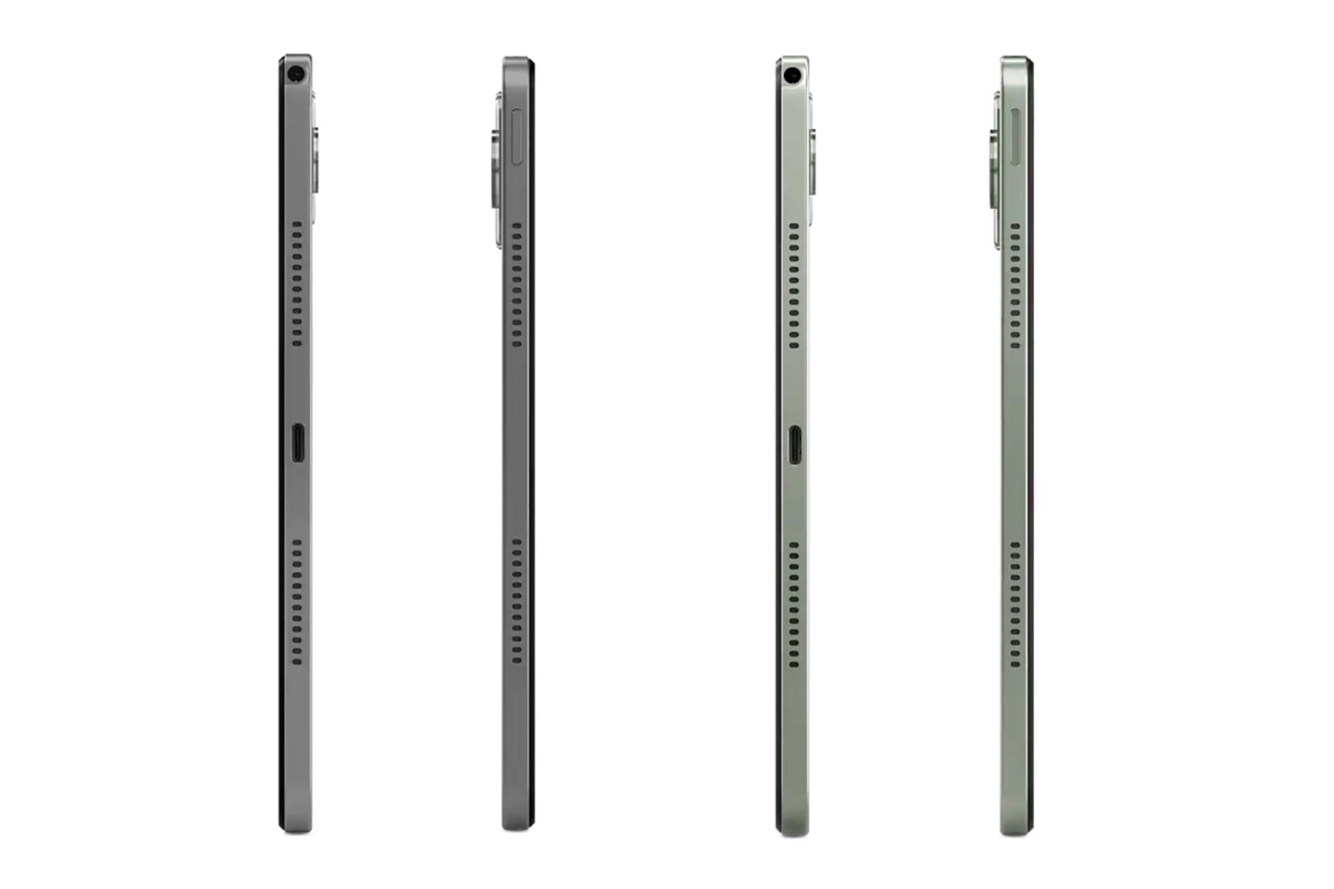 نمای لبه‌های کناری تبلت تب M11 لنوو / Lenovo Tab M11 با تمرکز روی لبه‌های پایین و بالا و نمایش درگاه‌ها و حفره‌های اسپیکر در دو رنگ خاکستری و سبز