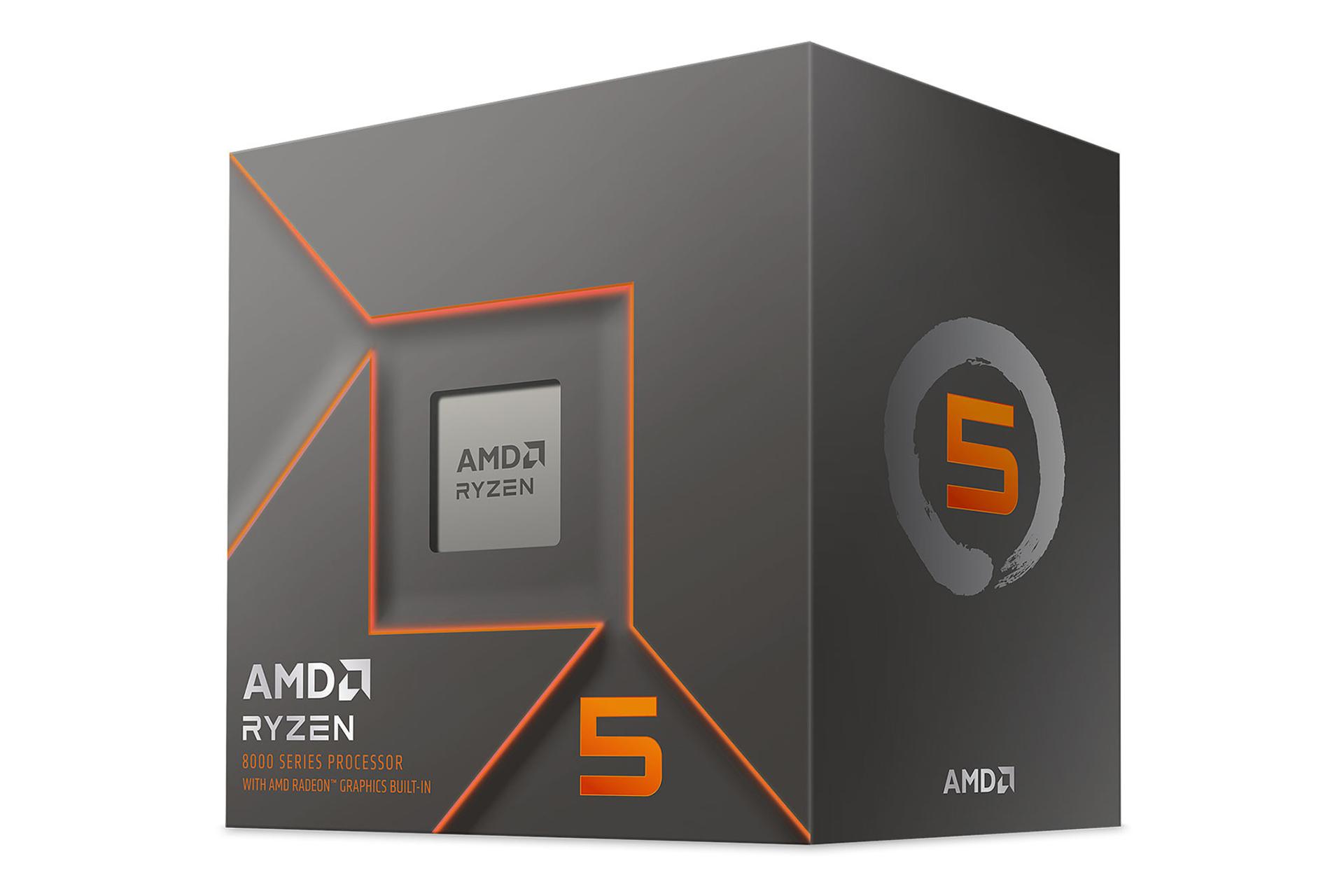 نمای نیمرخ جعبه‌ی پردازنده AMD رایزن 5 8500G با نمایش پردازنده، لوگو و نمای سمت راست جعبه