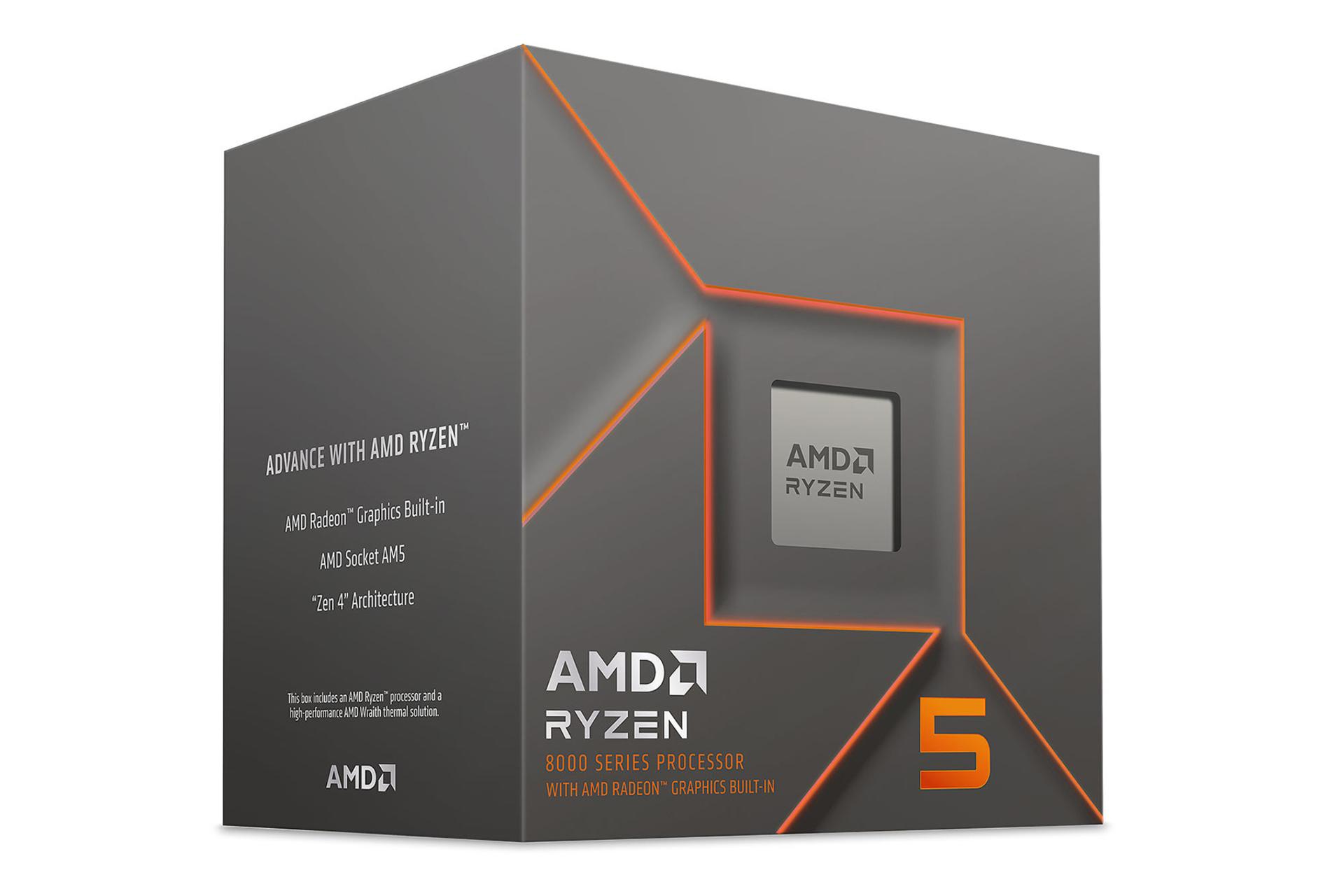 نمای نیمرخ جعبه‌ی پردازنده AMD رایزن 5 8500G با نمایش پردازنده، لوگو و نمای سمت چپ جعبه