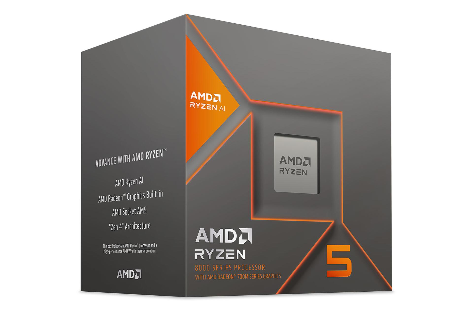 نمای نیمرخ جعبه‌ی پردازنده AMD رایزن 5 8600G با نمایش پردازنده، لوگو و نمای سمت چپ جعبه