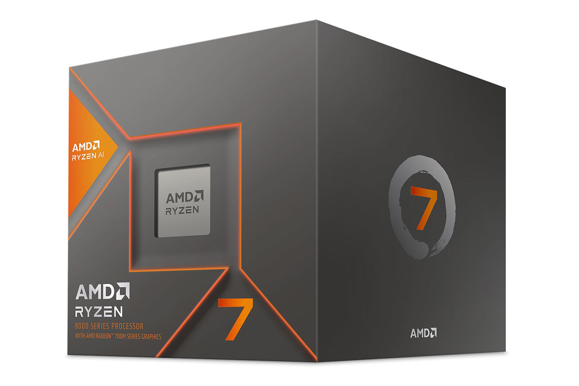 نمای نیمرخ جعبه‌ی پردازنده AMD رایزن 7 8700G با نمایش پردازنده، لوگو و نمای سمت راست جعبه