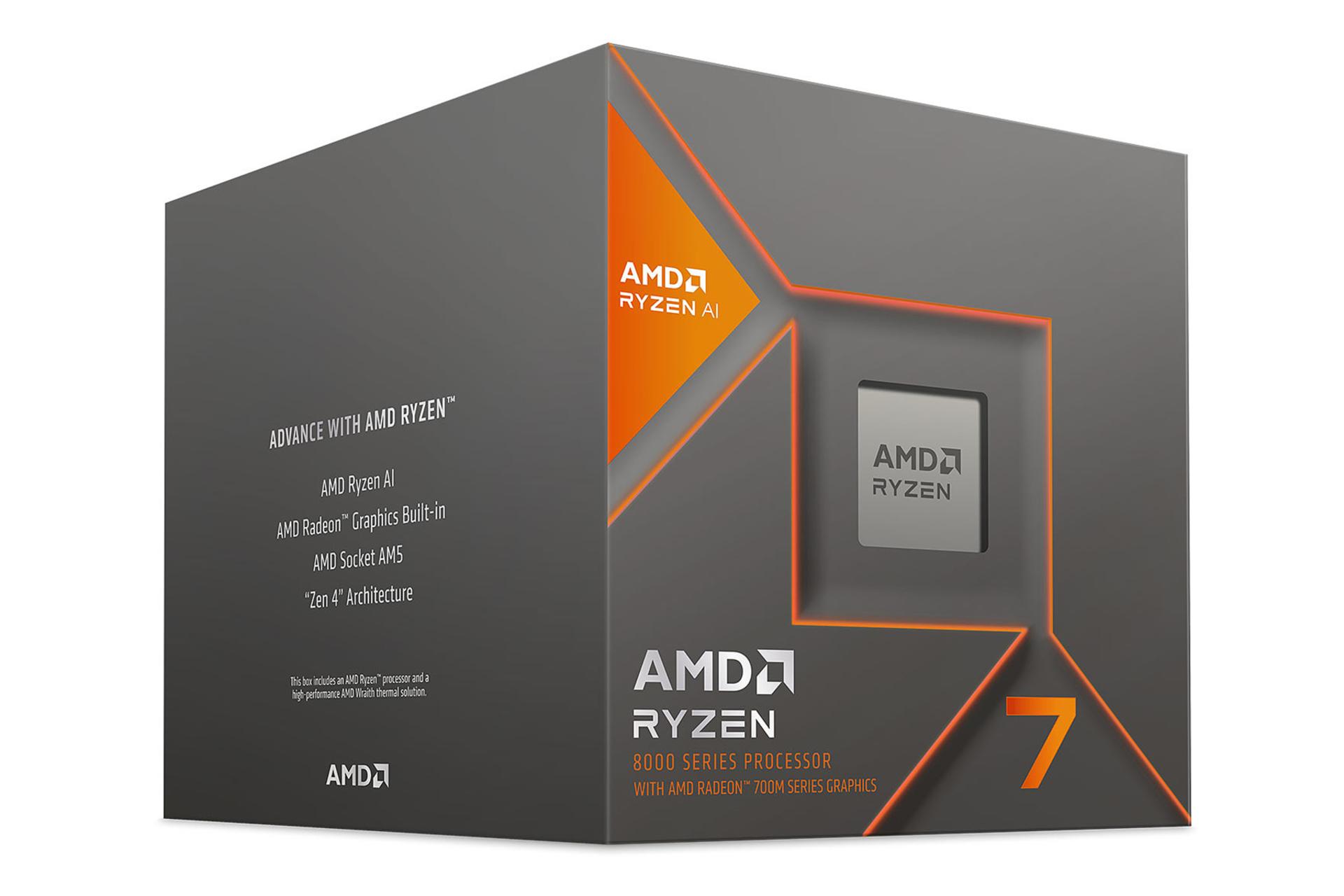 نمای نیمرخ جعبه‌ی پردازنده AMD رایزن 7 8700G با نمایش پردازنده، لوگو و نمای سمت چپ جعبه