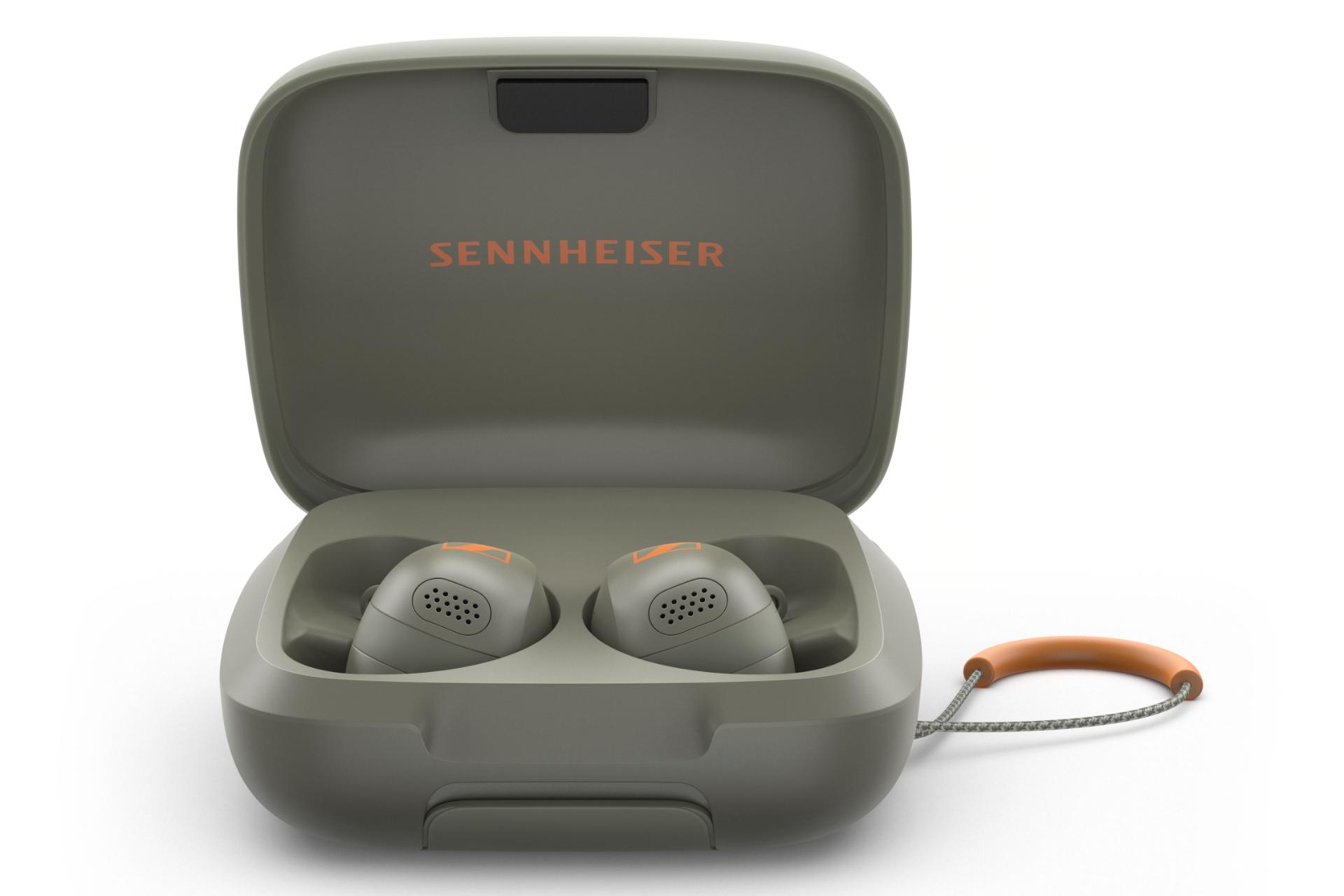 نمای روبرو بسته ایرباد بی سیم سنهایزر Sennheiser MOMENTUM Sport زیتونی