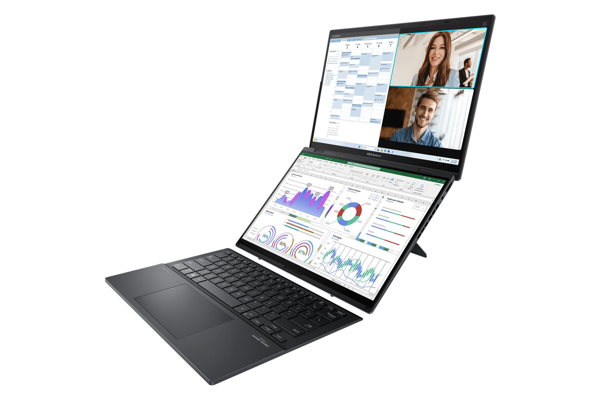 لپ تاپ ایسوس ASUS Zenbook DUO UX8406 نمای راست دو نمایشگر با کیبورد جدا شده
