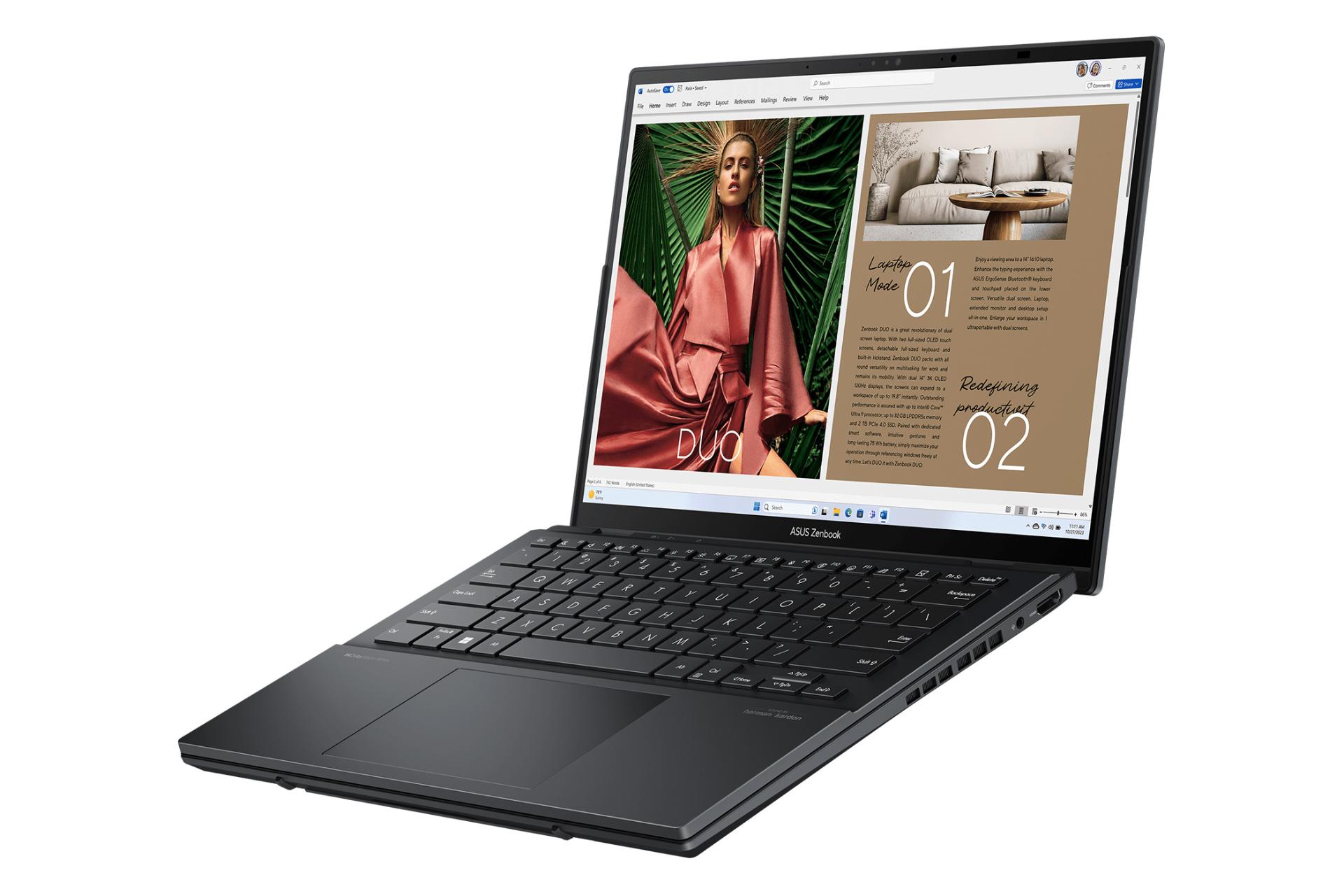 لپ تاپ ایسوس ASUS Zenbook DUO UX8406 نمای راست یک نمایشگر با کیبورد متصل