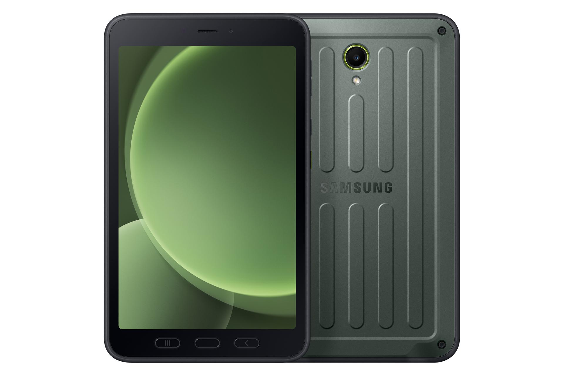 نمای کلی تبلت گلکسی تب اکتیو 5 سامسونگ / Samsung Galaxy Tab Active5 با نمایشگر روشن و نمایش پنل پشت، دوربین و لوگو رنگ سبز
