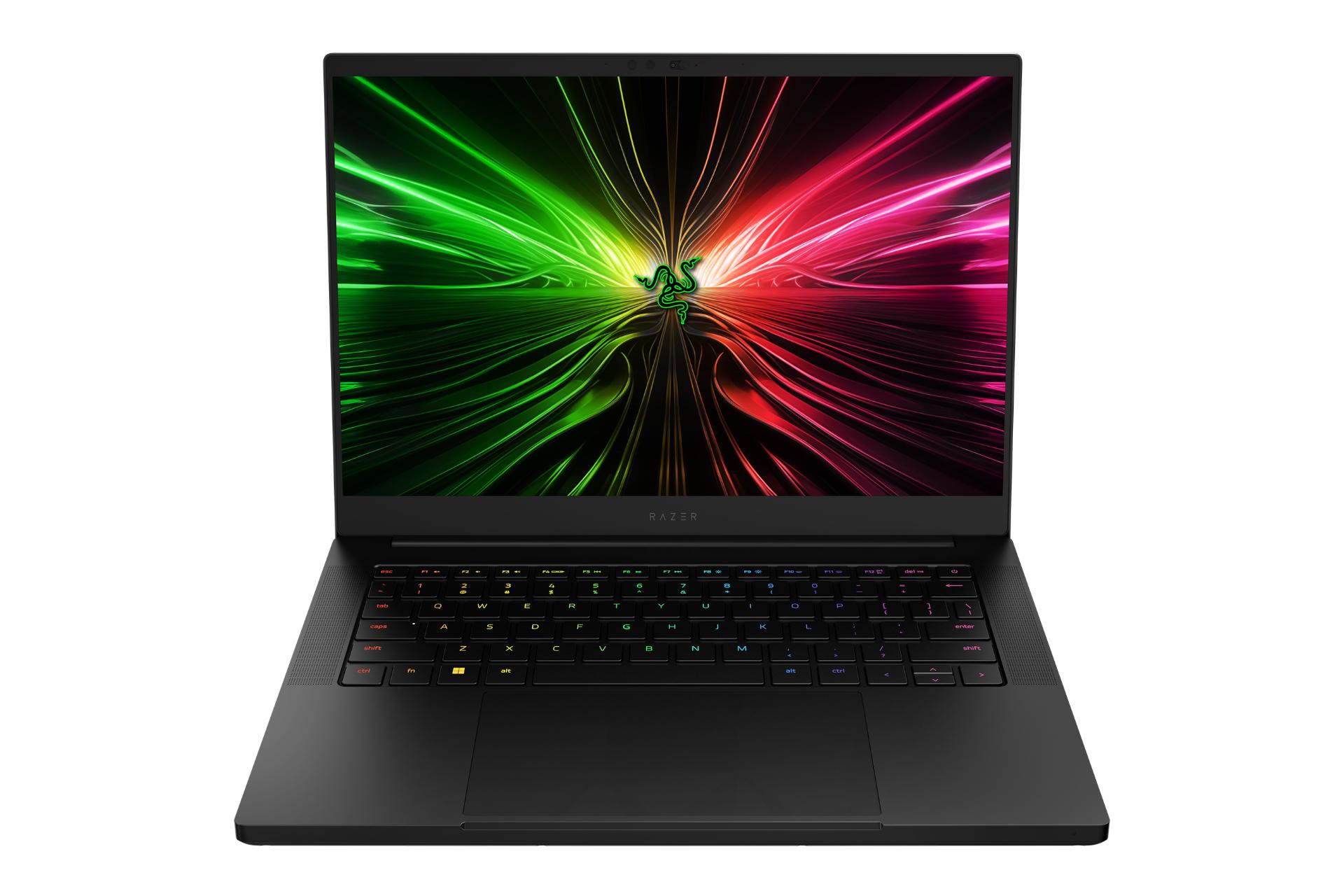 نمای جلوی لپ تاپ بلید 14 ریزر با نمایشگر روشن و نمایش کیبورد رنگ مشکی